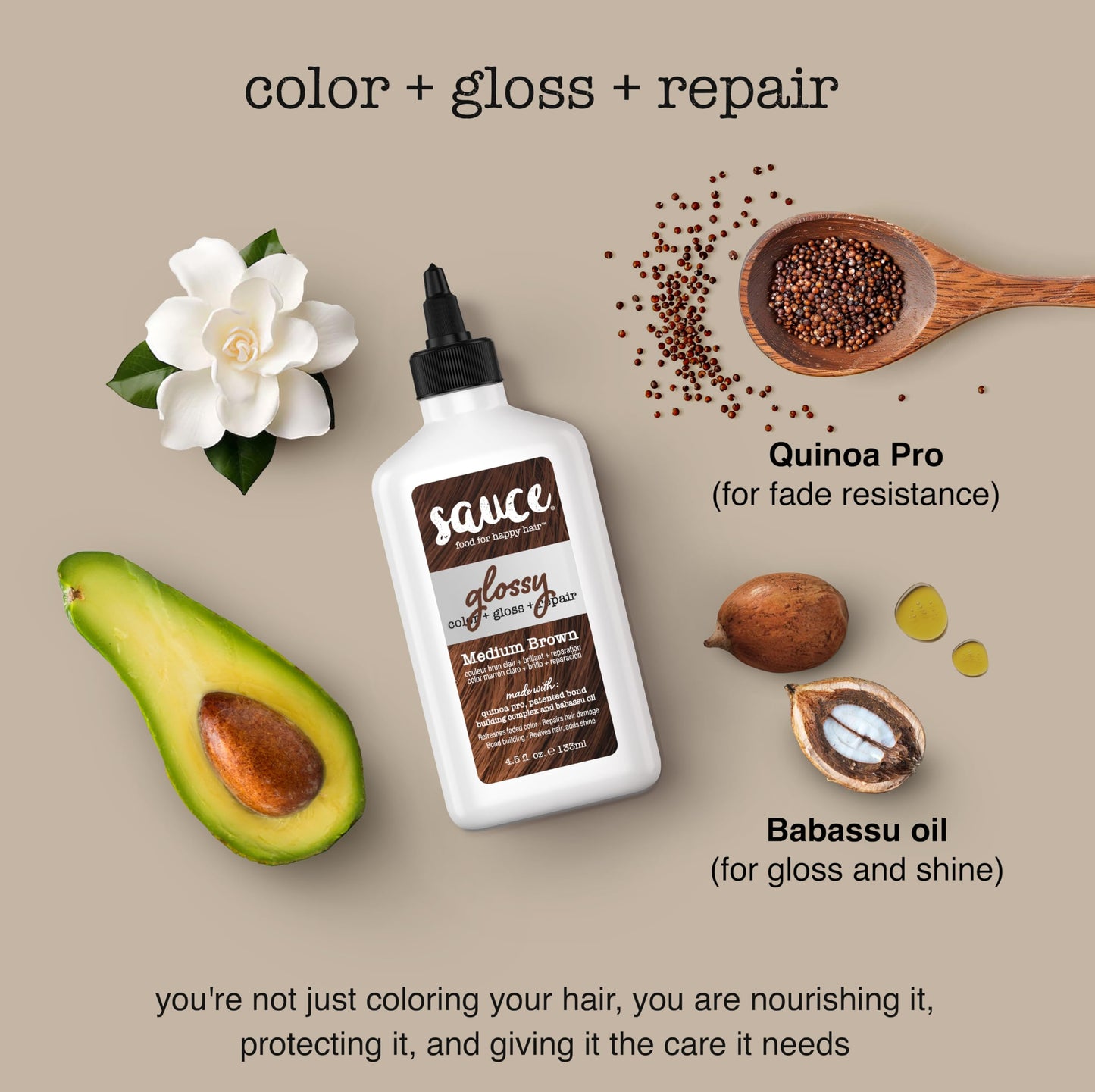 Gray Sauce Beauty Glossy Color + Gloss + Repair, Medium Brown, Semi Permanent Hair Dye with Bond-Building and Color-Fade Protection Technology, Adds Shine & Deep Moisture, Lasts 4-8 Weeks, Stops Fade