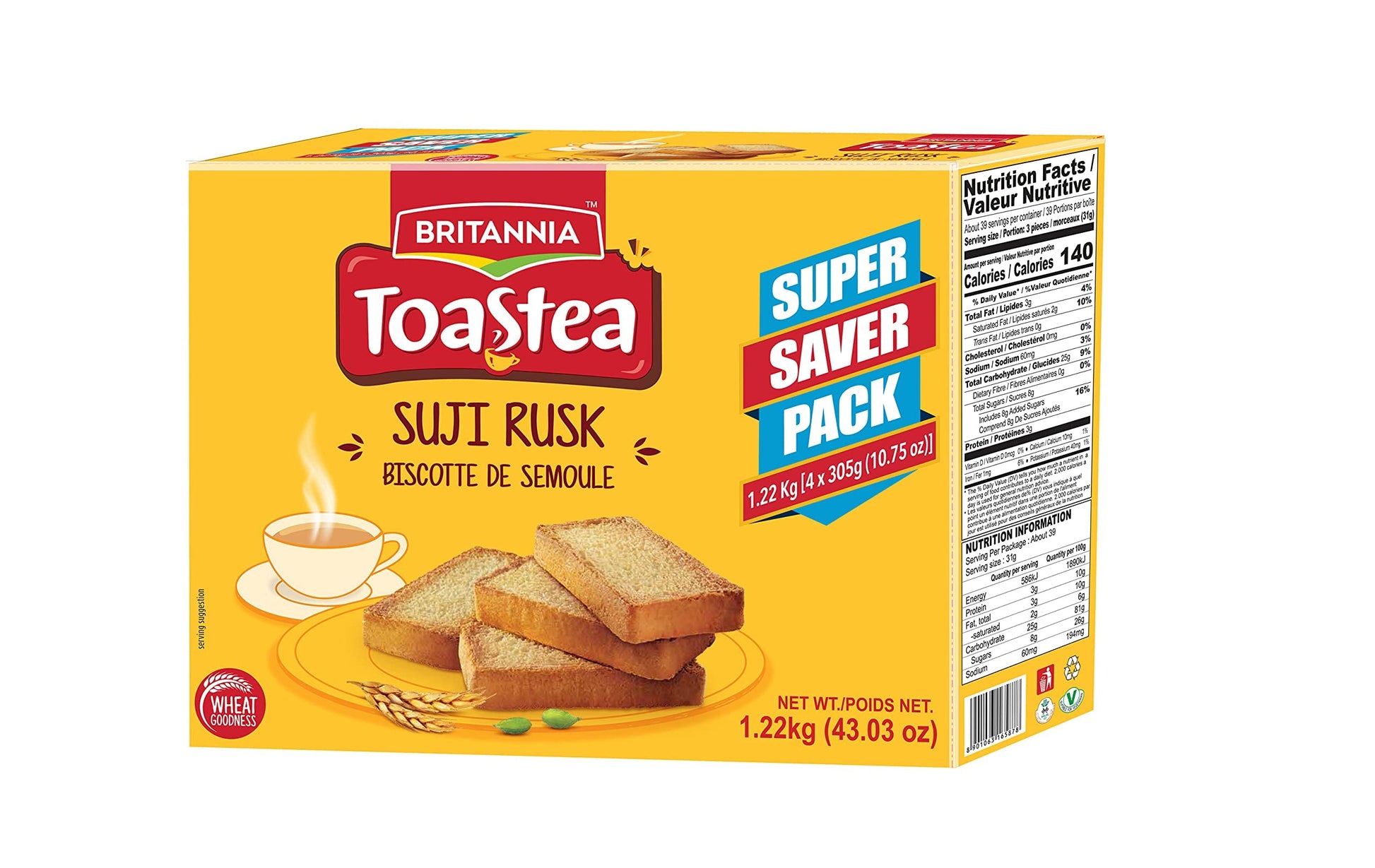 Goldenrod BRITANNIA Toastea Suji Rusk 43.03oz (1220g) - Biscotte De Semoule - Crispy Tea Time Snack - Crispy Crunchy Toast (Pack of 1)