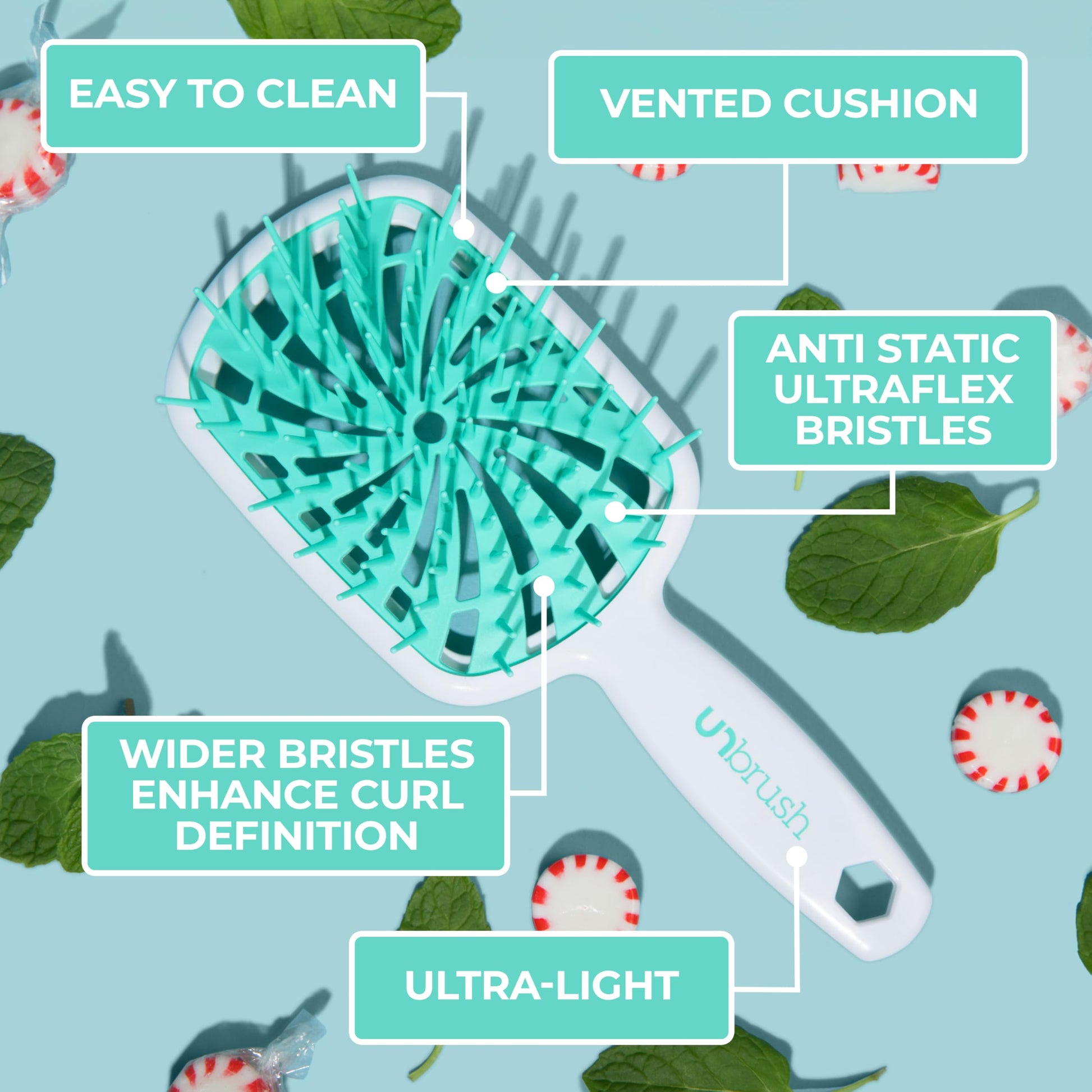 Light Blue FHI Heat UNbrush Plus — Curly Hair Brush for Gentle & Effective Detangling on Wet or Dry Fragile Hair Types — Detangler Brush w/ 84 UltraFlex Bristles, Ultra-light, Vented, Anti Static Hairbrush