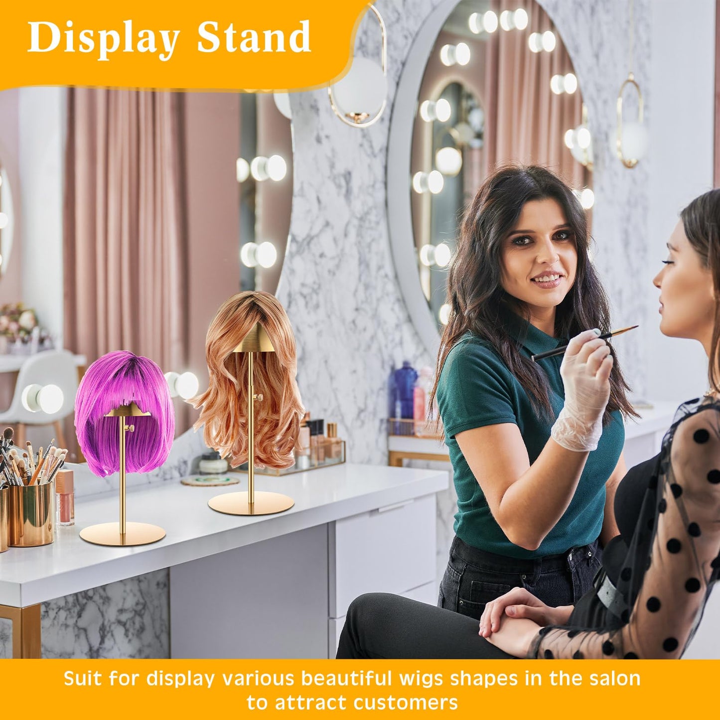 Gray Sintuff 4 Pcs Hat Display Stand:adjustable 7.9-15.7inch Wigs Head Holder Stand Non Slip Stainless Steel Metal Rack for Multiple Hats Wig Storage Styling Practice(Gold,Round Base)