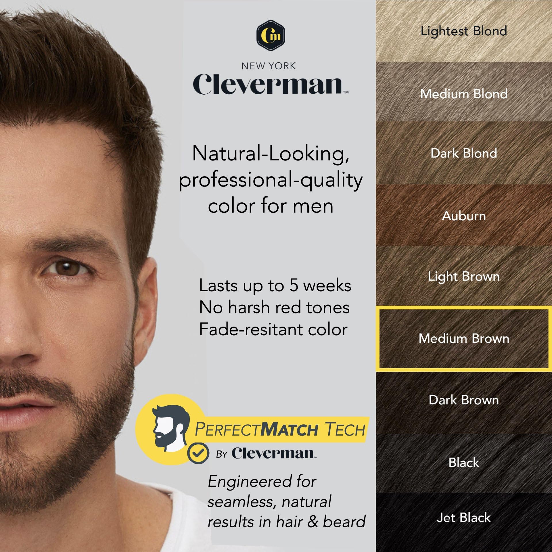Light Gray 2X Reusable Hair & Beard Dye for Men – Medium Brown | Up to 10 Uses, 7 Minutes | Natural Gray Coverage, No-Drip Cream with SkinArmour® – Cleverman