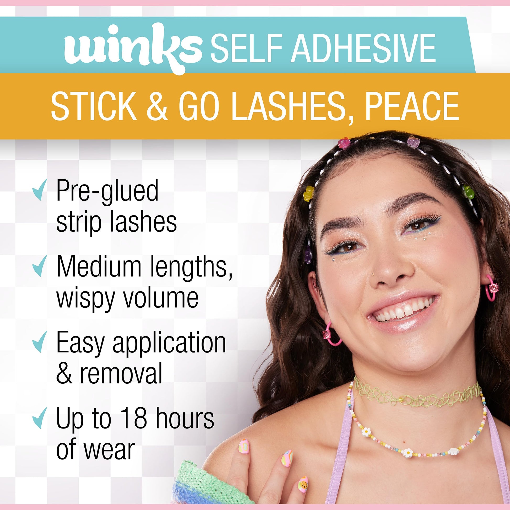 White Smoke Ardell Winks Self Adhesive Eyelashes – Peace Style, Press on Lashes No Glue Needed, Stick On Lashes with Black Band Eyeliner Effect for Eyelashes Natural Look, 1 Pair