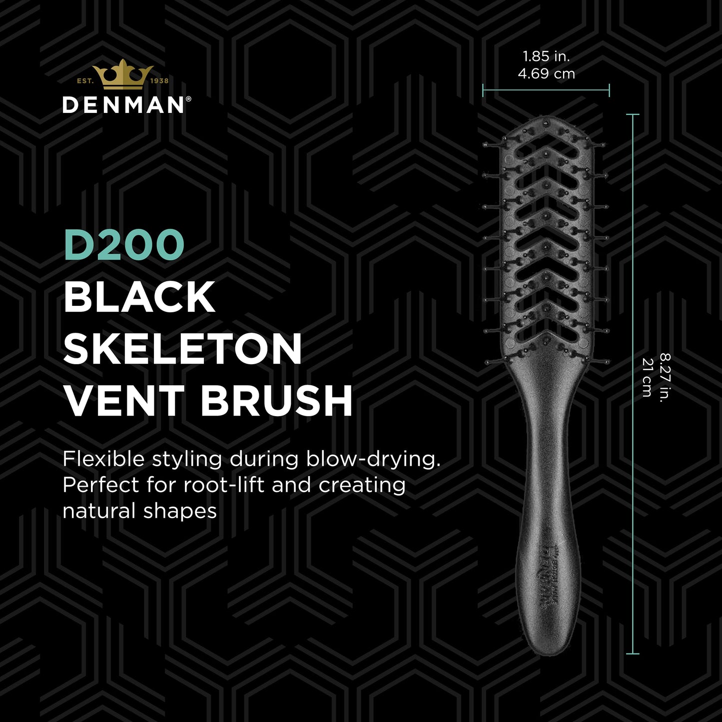 Black Denman Flexible Vent Brush D200 - Detangling Brush With Lightweight Grip & Control – Perfect For Styling During Blow-Dry & Detangling Wet & Dry Hair – Black (Pack of 1)