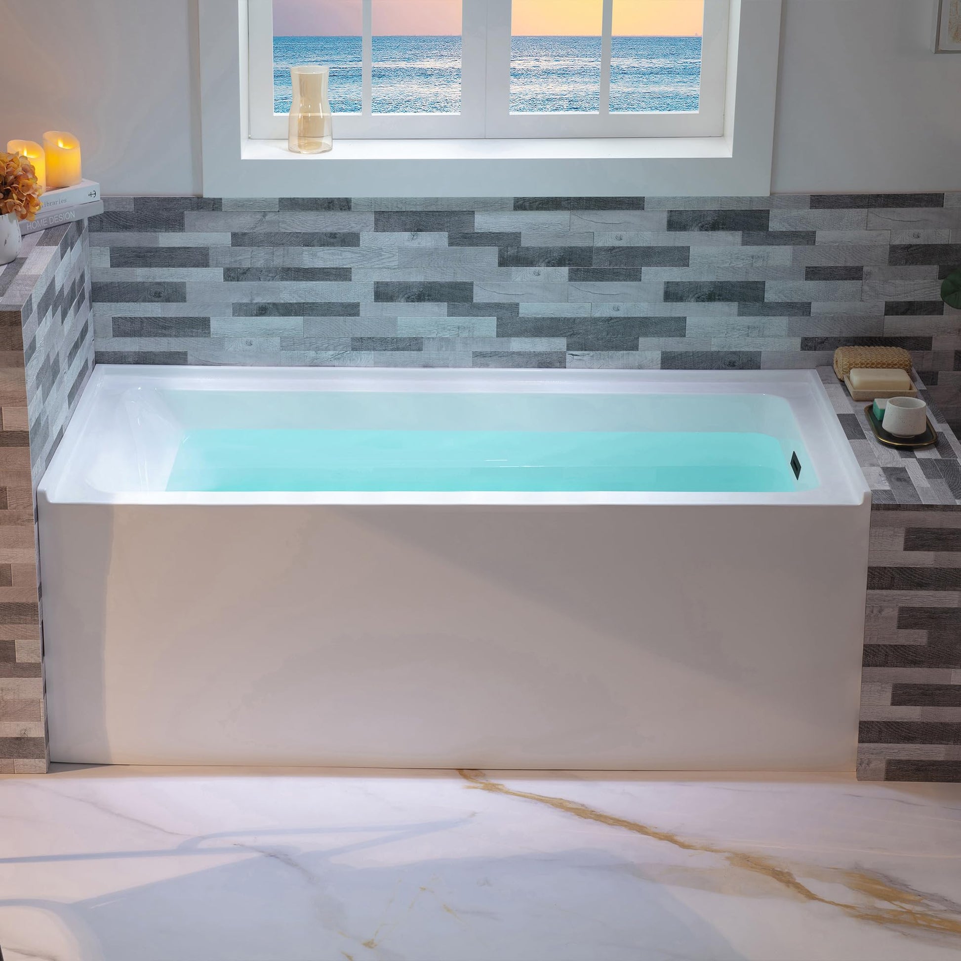 Rosy Brown WOODBRIDGE 60" Acrylic Rectangular Alcove Soaking Bathtub in White with Right Drain, Matte Black pop-up Drain Included, LB666-R