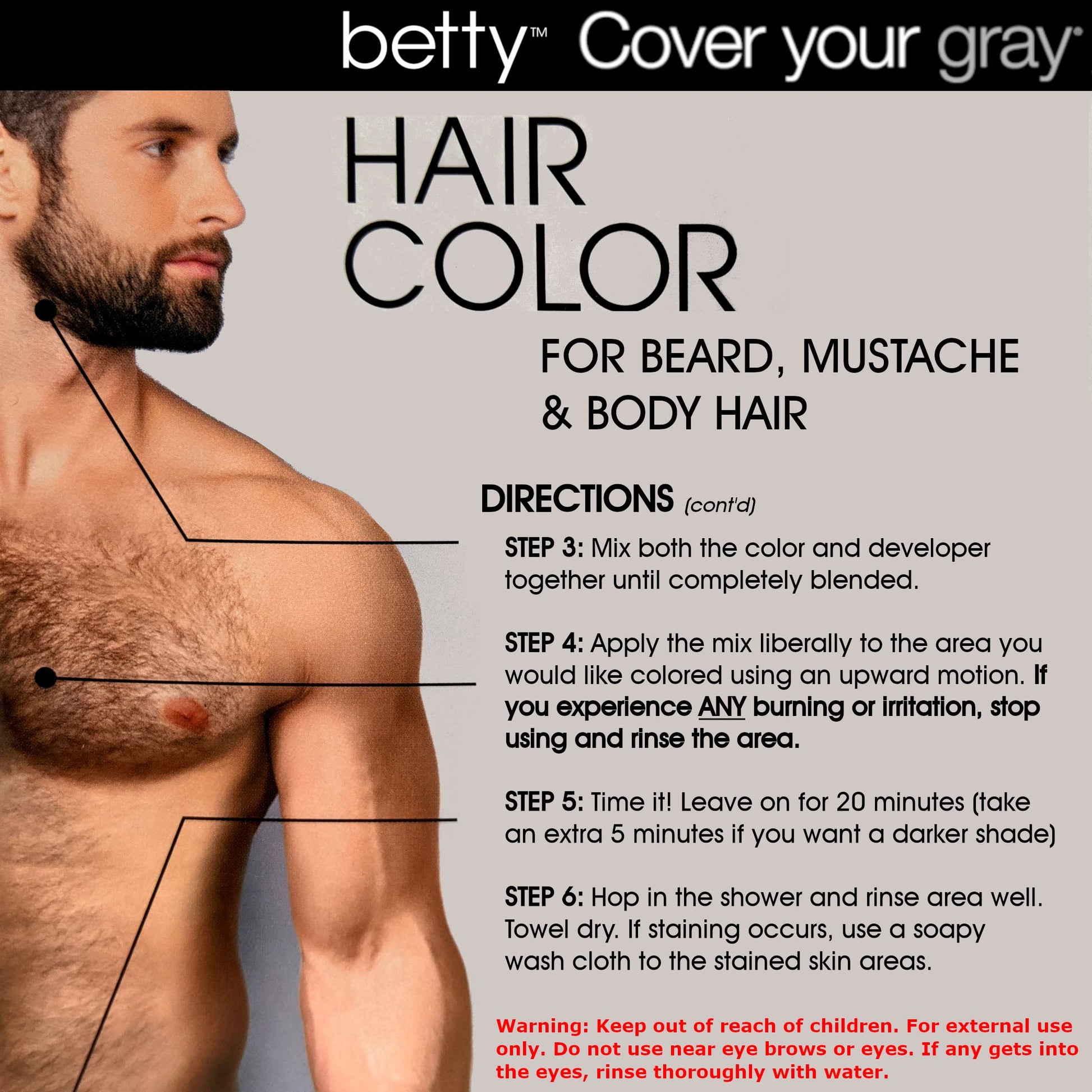 Light Gray Betty Cover Your Gray Mens Hair Color for Beard, Mustache & Body Hair - Brown