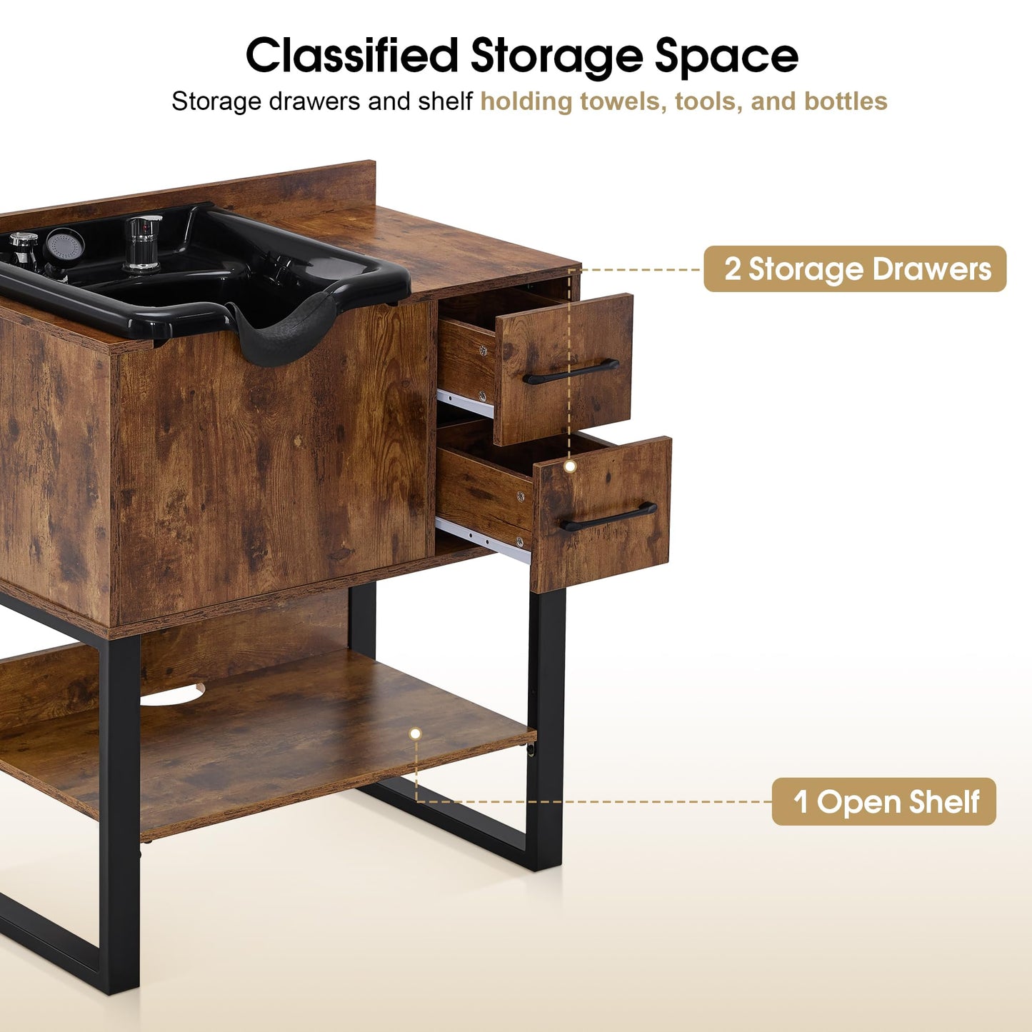 White Smoke BarberPub Shampoo Cabinet with Sink, Modern Salon Backwash Station with Bowl, Neck Rest, 2 Drawers, Storage Shelf,Hot & Cold Control 7135 (Rustic Brown)