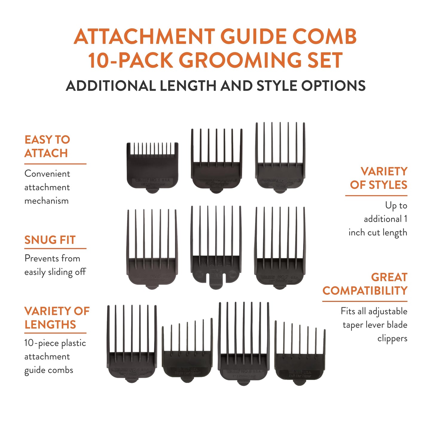 White Smoke WAHL Professional Animal Attachment Guide Comb 10-Pack Grooming Set (Fits only with Wahl's Show Pro Plus, Color Groom, Stable Grip, Iron Horse, Pro Ion, U-Clip, & Deluxe U-Clip Clippers) (3173-500)