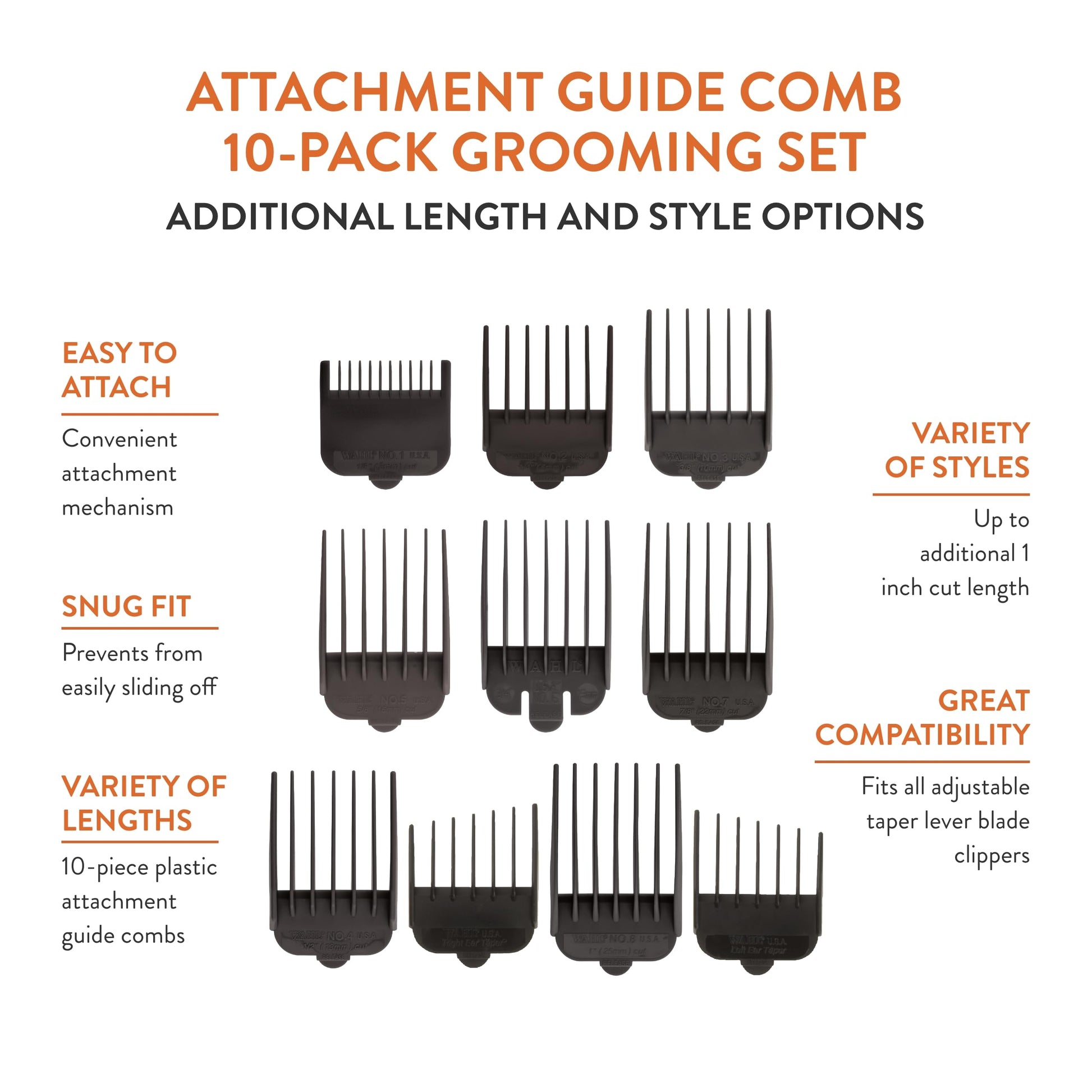 White Smoke WAHL Professional Animal Attachment Guide Comb 10-Pack Grooming Set (Fits only with Wahl's Show Pro Plus, Color Groom, Stable Grip, Iron Horse, Pro Ion, U-Clip, & Deluxe U-Clip Clippers) (3173-500)