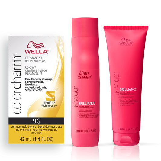 White Smoke Wella Professionals Invigo Brilliance Color Protection Shampoo & Conditioner, For Fine Hair + Wella ColorCharm Permanent Liquid Hair Color for Gray Coverage, 9G Soft Gold Blonde