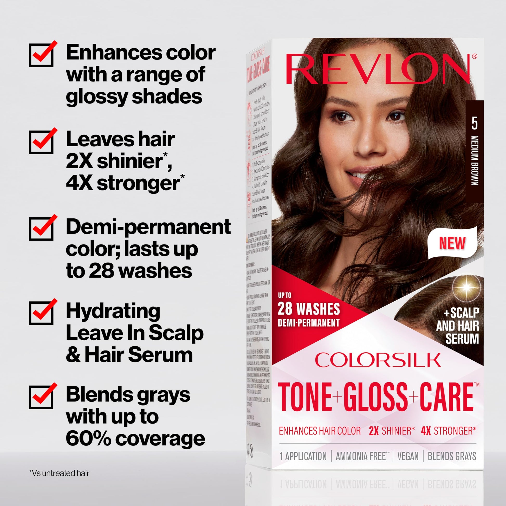 Lavender Revlon ColorSilk Tone + Gloss + Care Demi Permanent Hair Color, Dye Kit with Leave-In Scalp and Haircare Serum, 2x Shinier, 4x Stronger, 5 Medium Brown, 4.5 fl oz