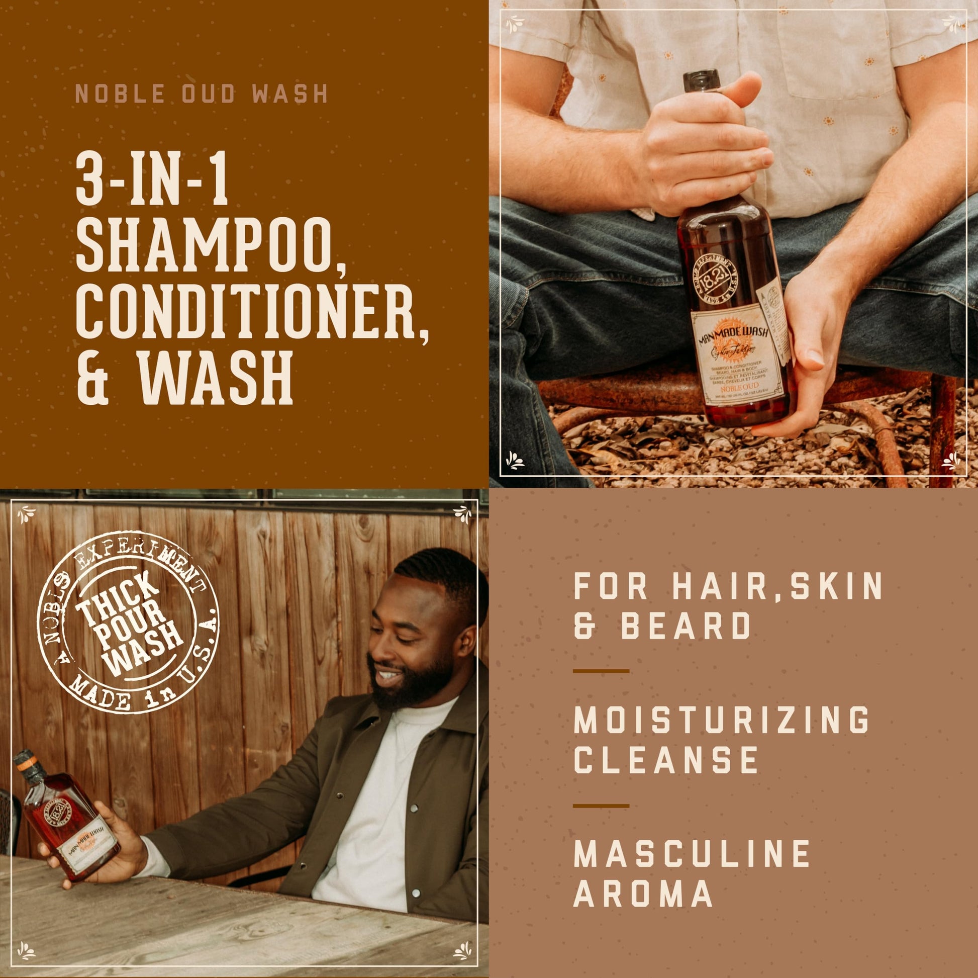 Sienna 18.21 Man Made Original Noble Oud 3-in-1 Body Wash, Shampoo, & Conditioner for Men, All Hair & Skin Types, Strengthens and Moisturizes in a Manly Aroma, 18oz