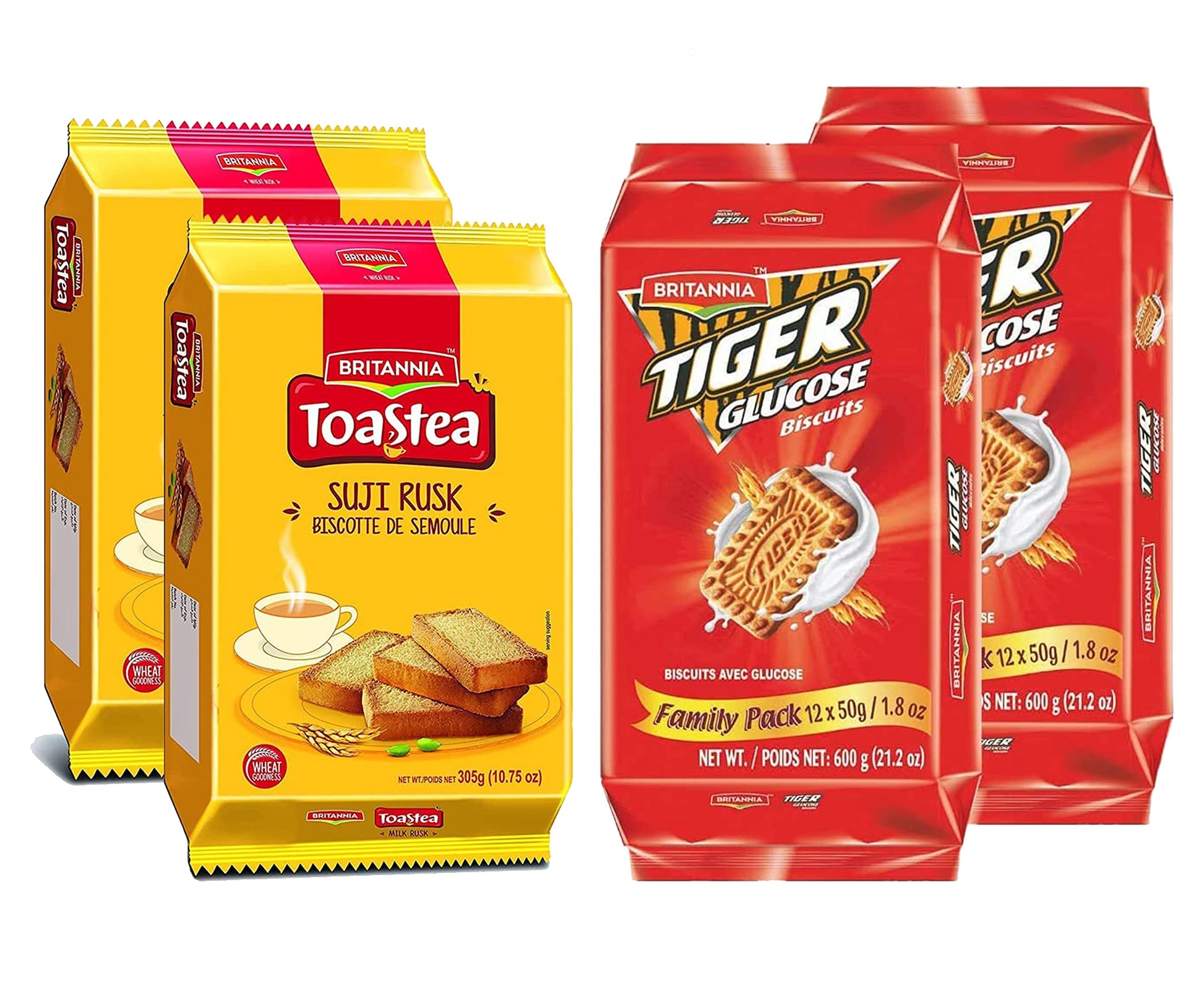 White Smoke Britannia Wheat Rusk & Tiger Glucose Variety Pack - Breakfast & Tea Time Snacks - Crunchy and Delicious (Pack of 1 Each)