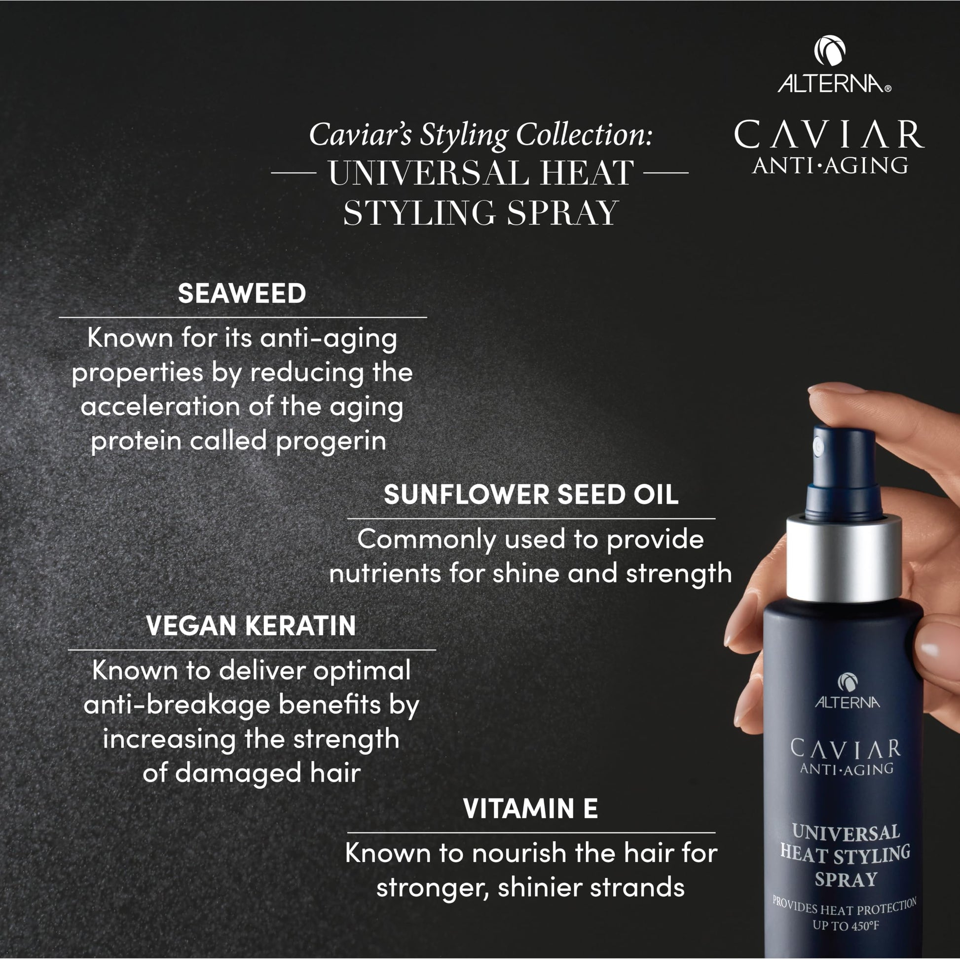 Black Alterna Haircare CAVIAR Anti-Aging Universal Heat Styling Spray 4.2 Fl Oz | Heat Protectant for Wet or Dry Hair | Detangles, Smooths, and Softens | Eliminates Frizz, Resists Humidity | All Hair Types