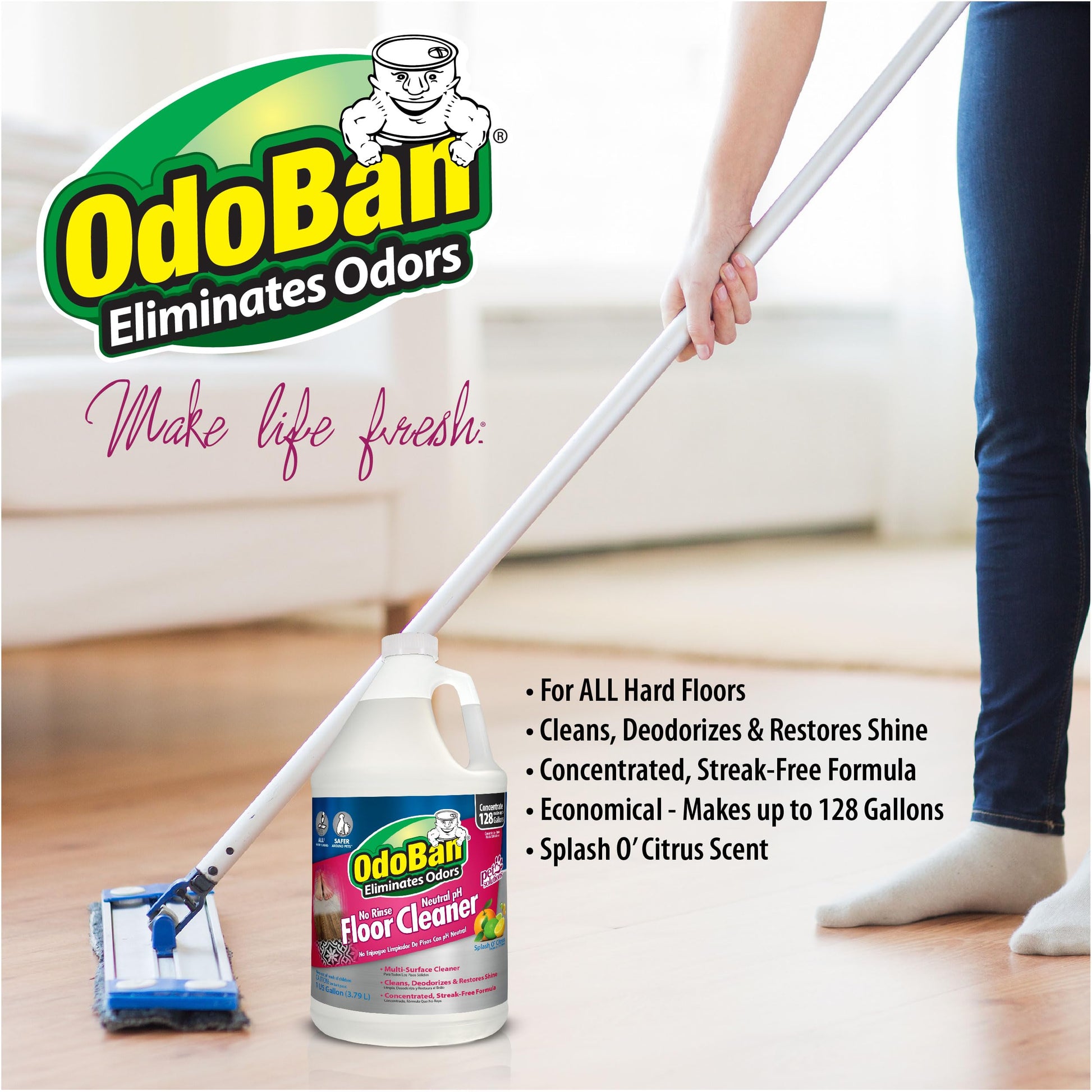 White Smoke OdoBan Pet Solutions No Rinse Neutral pH Floor Cleaner Concentrate, Made in the USA, Splash O' Citrus Scent, 2 Gallons