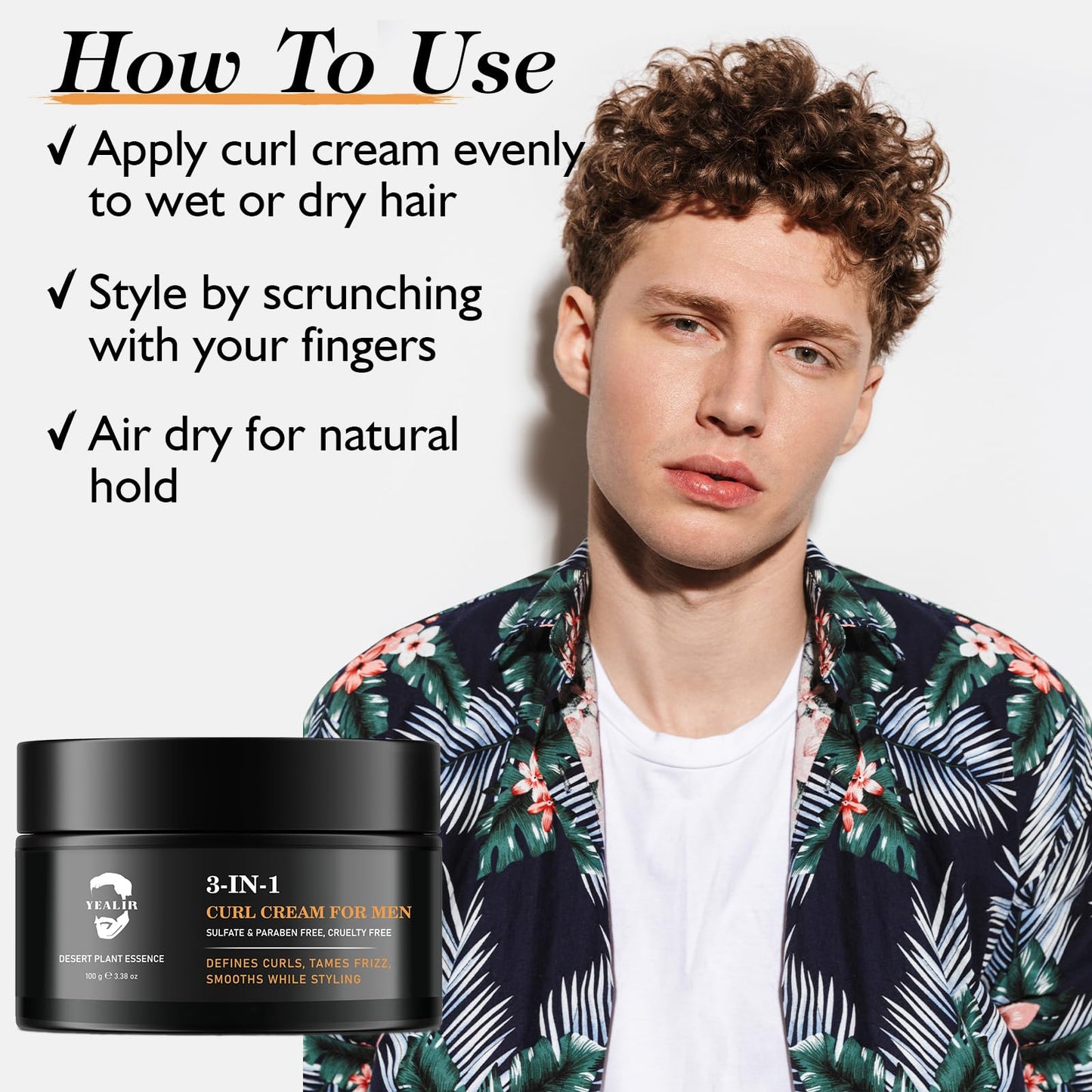 White Smoke 3-in-1 Curl Cream for Men - Defines Curls, Tames Frizz, Adds Smoothness and Texture for Curly and Wavy Hair, Hair Styling Cream with Desert Derived Extracts, Sulfate - Free 3.38 oz