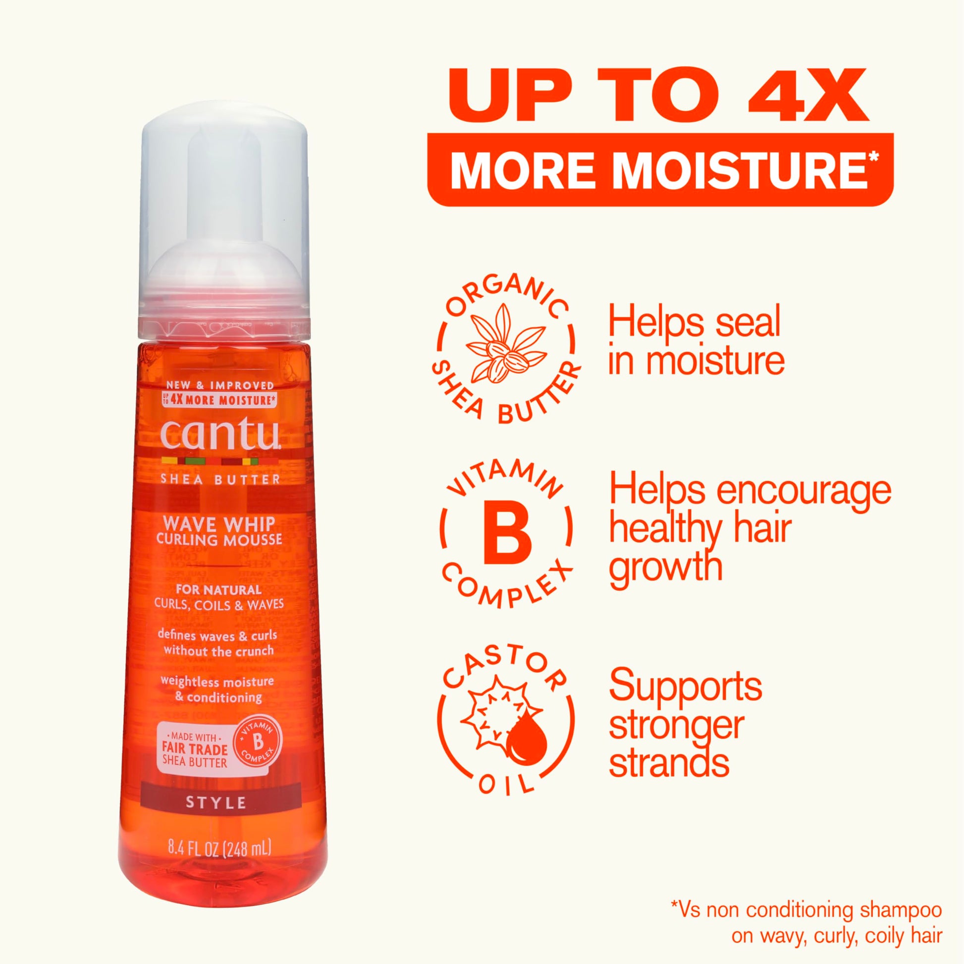 Seashell Cantu Shea Butter for Natural Hair Wave Whip Curling Mousse, 8.4 Ounce (Pack of 4)