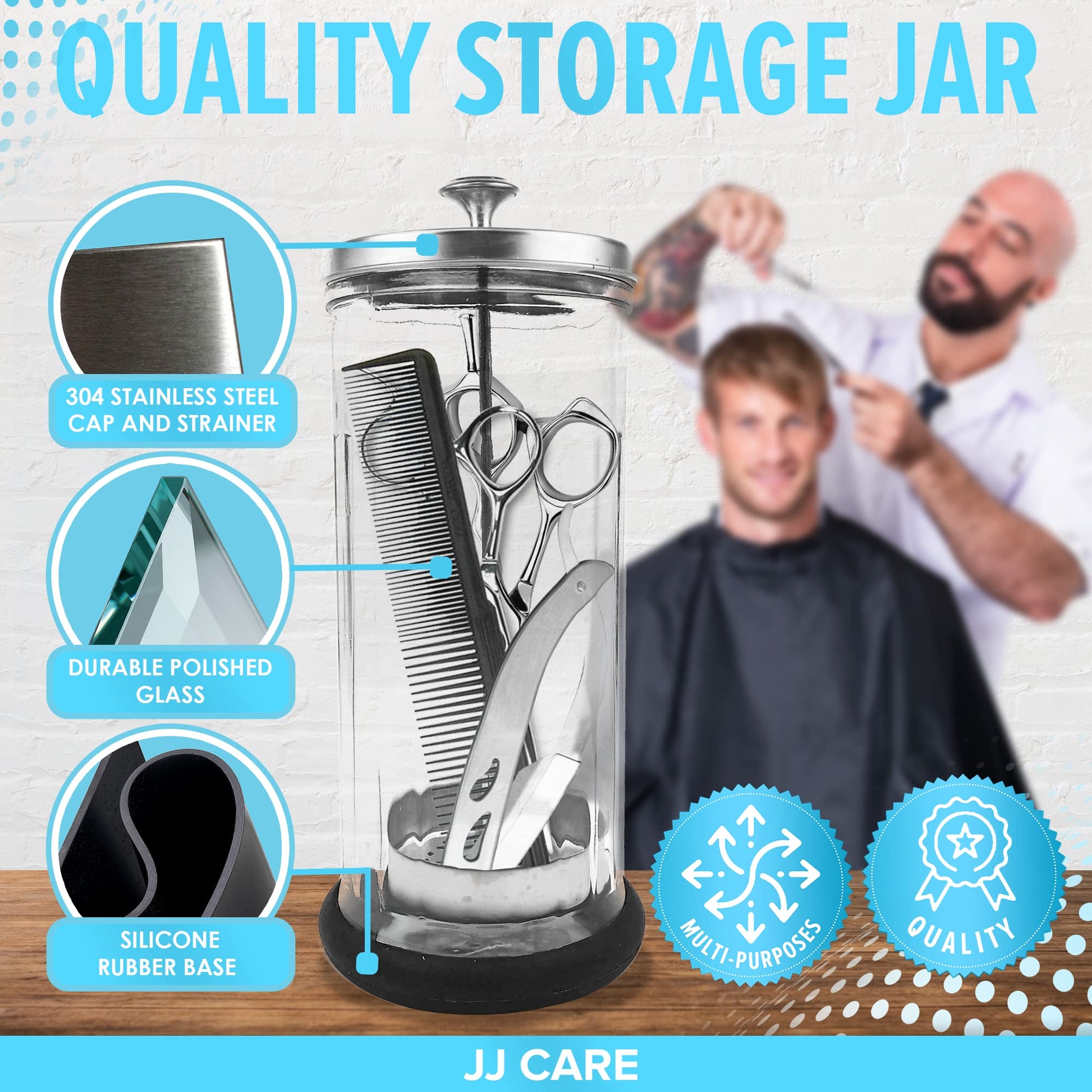 Lavender JJ CARE Disinfectant Jar (42oz) - Barber Disinfectant Jar Glass, Sanitizer Container w/Stainless Steel Removable Strainer & Cap for Manicure, Salon, Spa and Barber Tools - Silver Lid