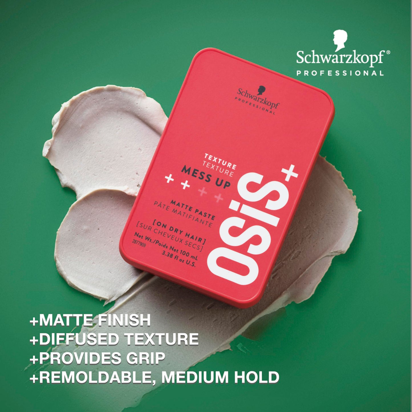 Sea Green OSiS+ Mess Up Matte Texture Paste, 3.38 oz – Medium Hold, Dry Moldable Styling Paste - Flexible & Reworkable Styling for Defined and Messy Hair Looks