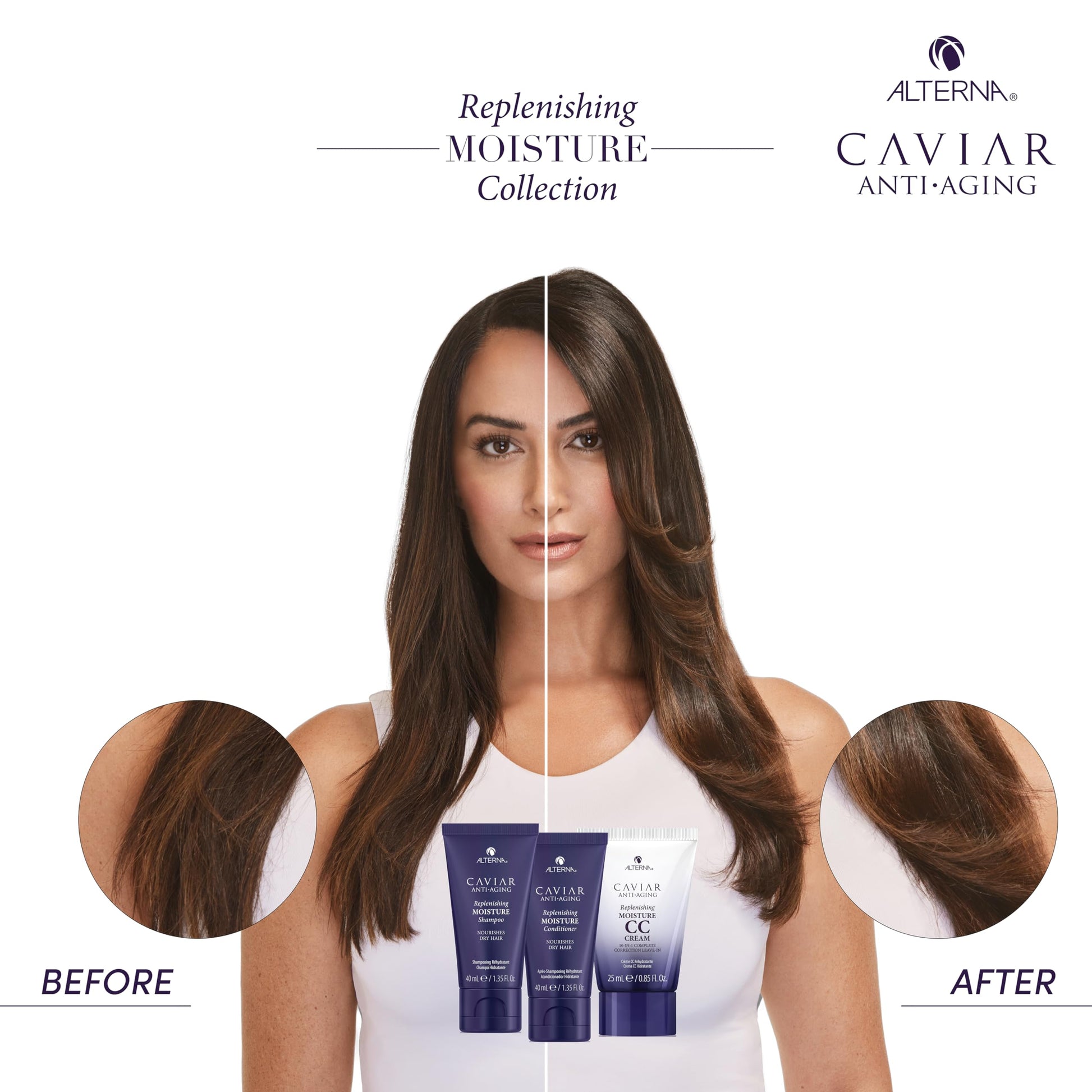 White Smoke Alterna Haircare CAVIAR Anti-Aging Replenishing Moisture Trial Kit - Shampoo, Conditioner, Leave-In CC Cream | For Dry, Brittle Hair | Protects, Restores and Hydrates | Sulfate Free