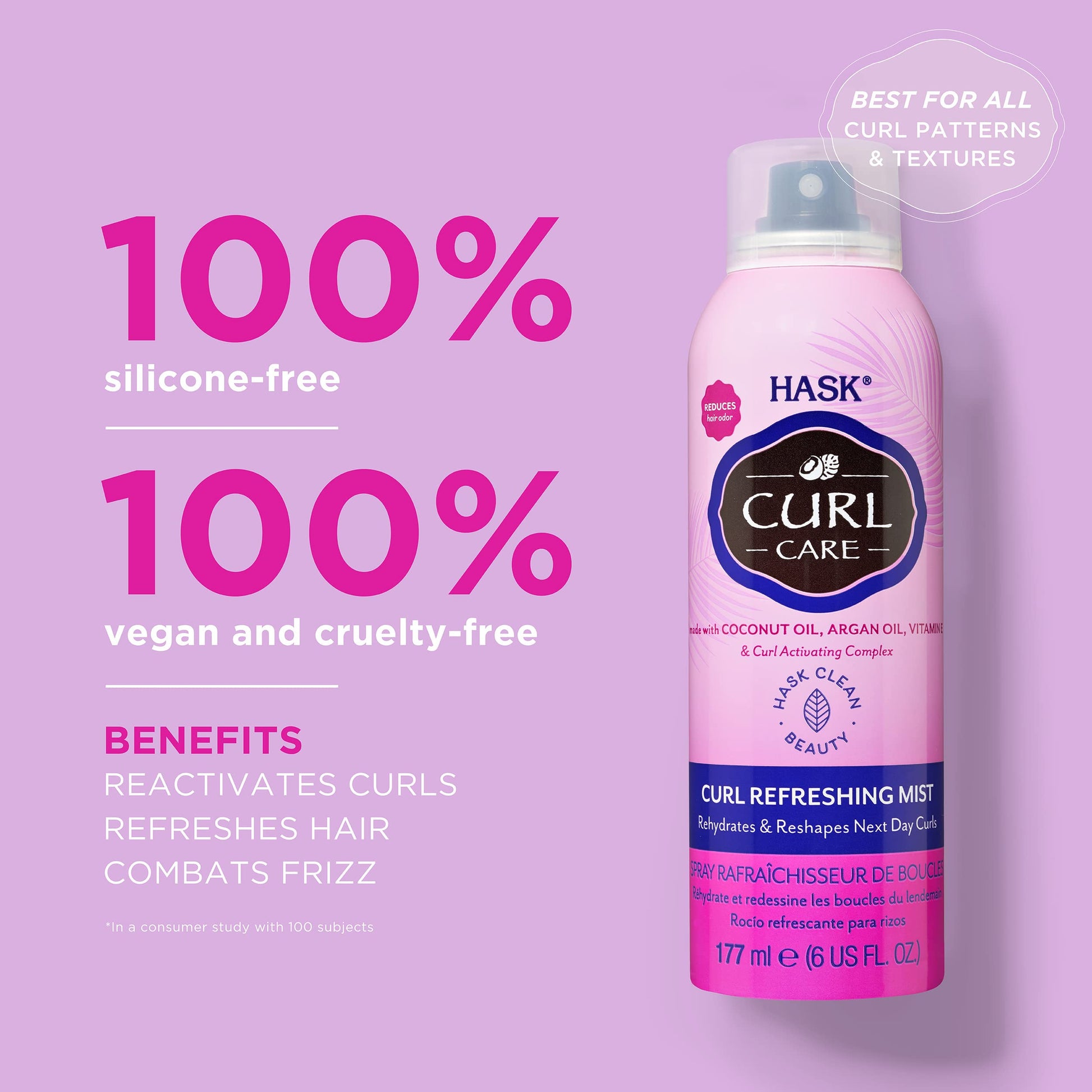 Plum HASK CURL CARE Curl Refreshing Mist for curly hair, color safe, gluten free, sulfate free, paraben free