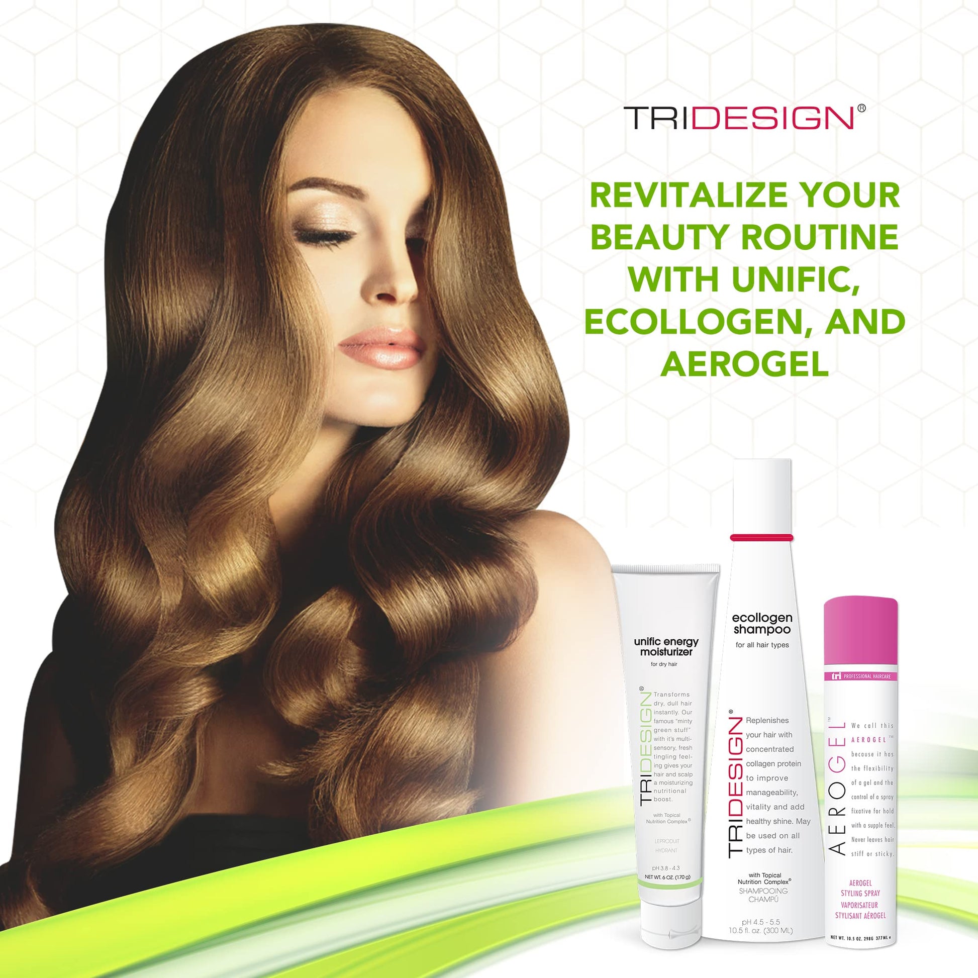 White Smoke TRI Design Shampoo, Conditioner and Hair Finishing Spray Set - Includes Aerogel Spray Gel 10.5 oz., Ecollogen Collagen Shampoo 10.5 oz. and Unific Energy Moisturizer 6 oz., for All Hair Types