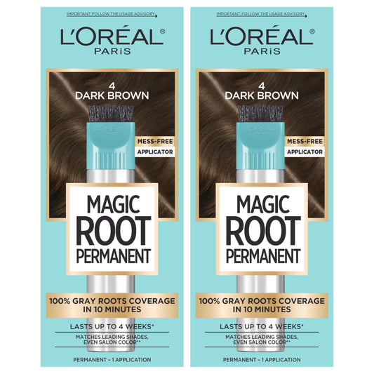 Light Blue L’Oréal Paris Magic Root Permanent Hair Color, 10 Minute Root Coloring Kit with 100% Gray Hair Coverage, 4 Dark Brown, 2 Count