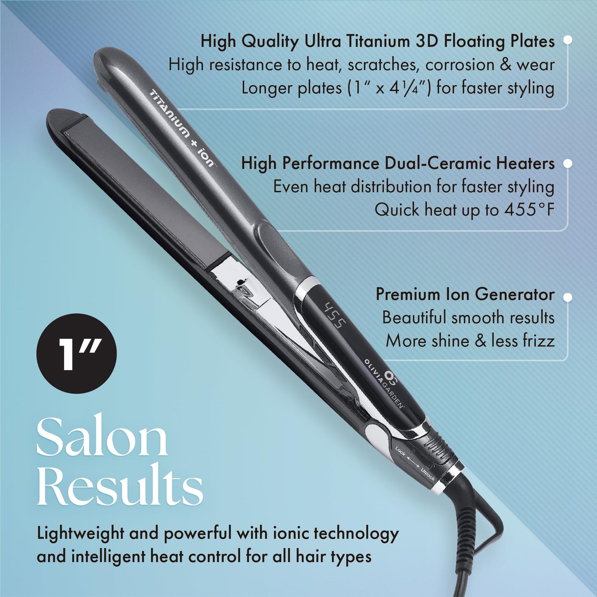 Light Steel Blue Olivia Garden Titanium + Ion Professional Flat Iron - Hair Straightener for All Hair Types - Includes Heat-Resistant Mat - 3D Floating Plates, 1"