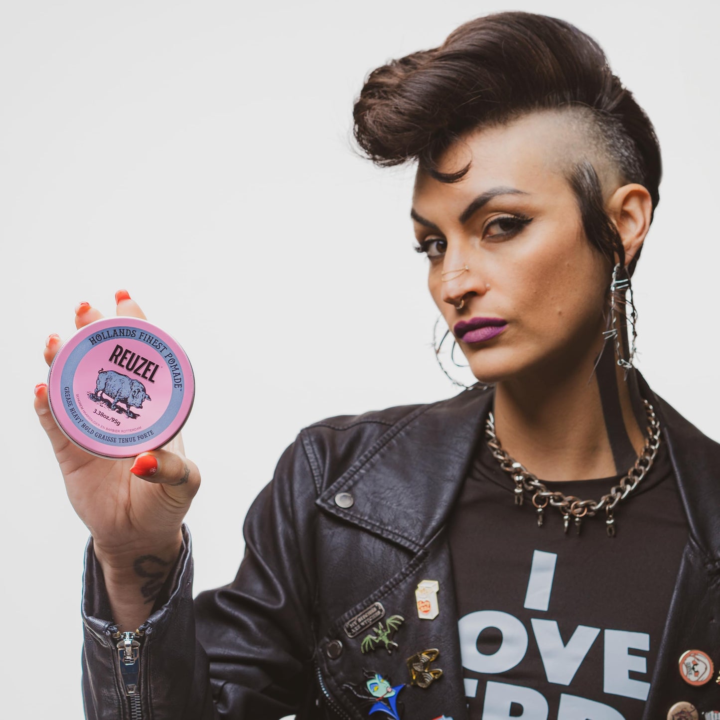 Lavender REUZEL Pink Grease Pomade, Strong All Day Hold, Oil-Based Styling Wax, Medium Shine, Easy To Wash Out, For All Hair Types