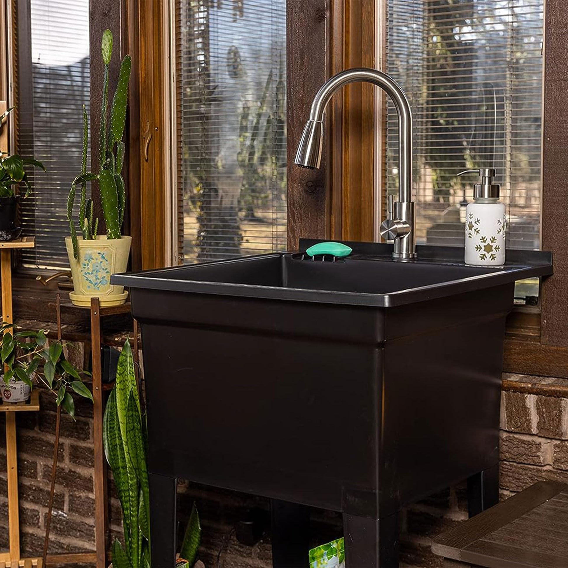 Black UTILITYSINKS Freestanding Utility Tub Sink with Quick Connect Drain, 24 x 24", Black - Portable and Compact Sink with Faucet for Outdoor Kitchen, Laundry Room, Garage, and Basement