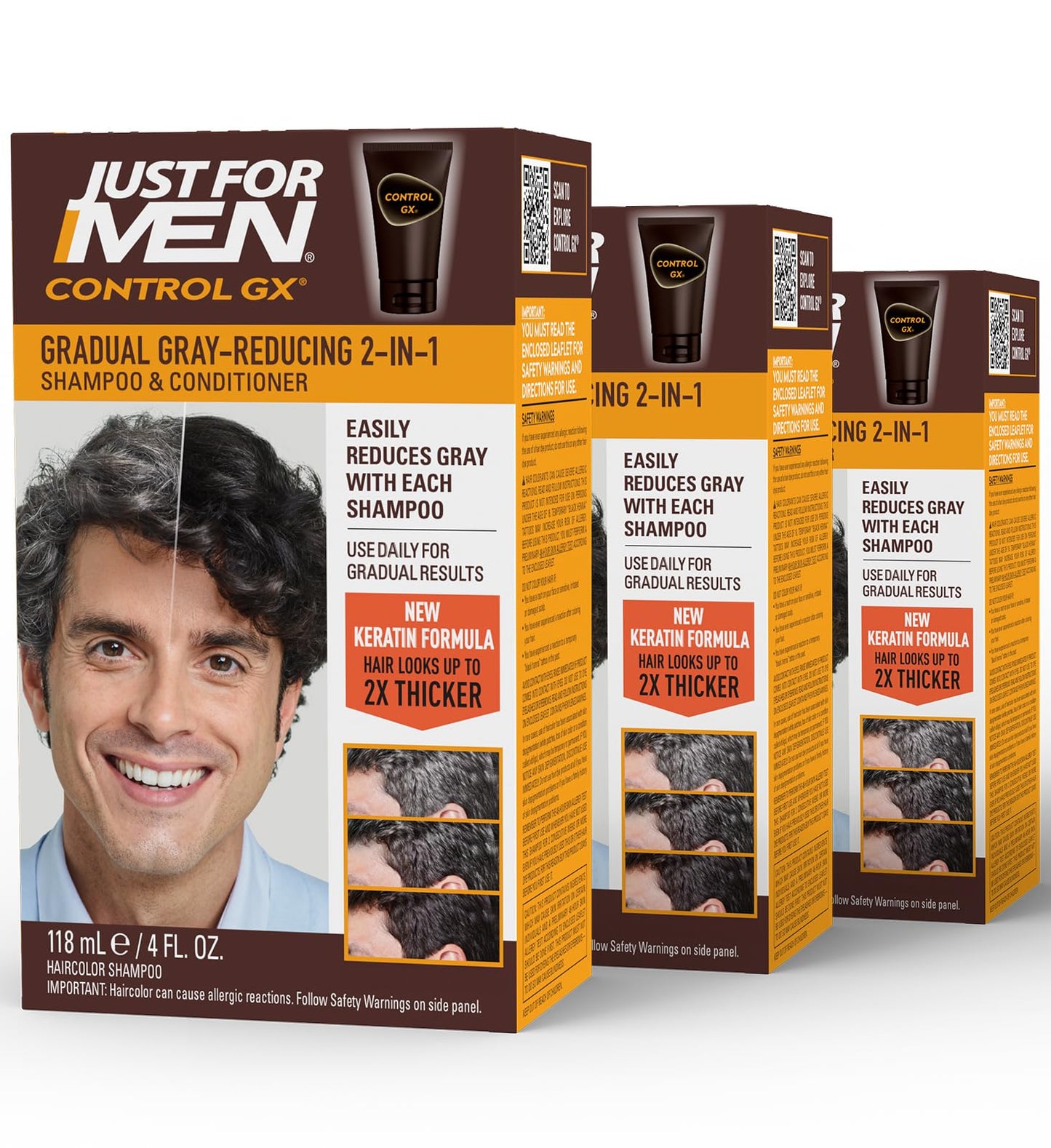 White Smoke Just for Men Control GX Grey Reducing 2-in-1 Shampoo and Conditioner, Gradual Hair Color with Keratin for Stronger Thicker and Healthier Looking Hair, 4 Fl Oz - Pack of 3 (Packaging May Vary)