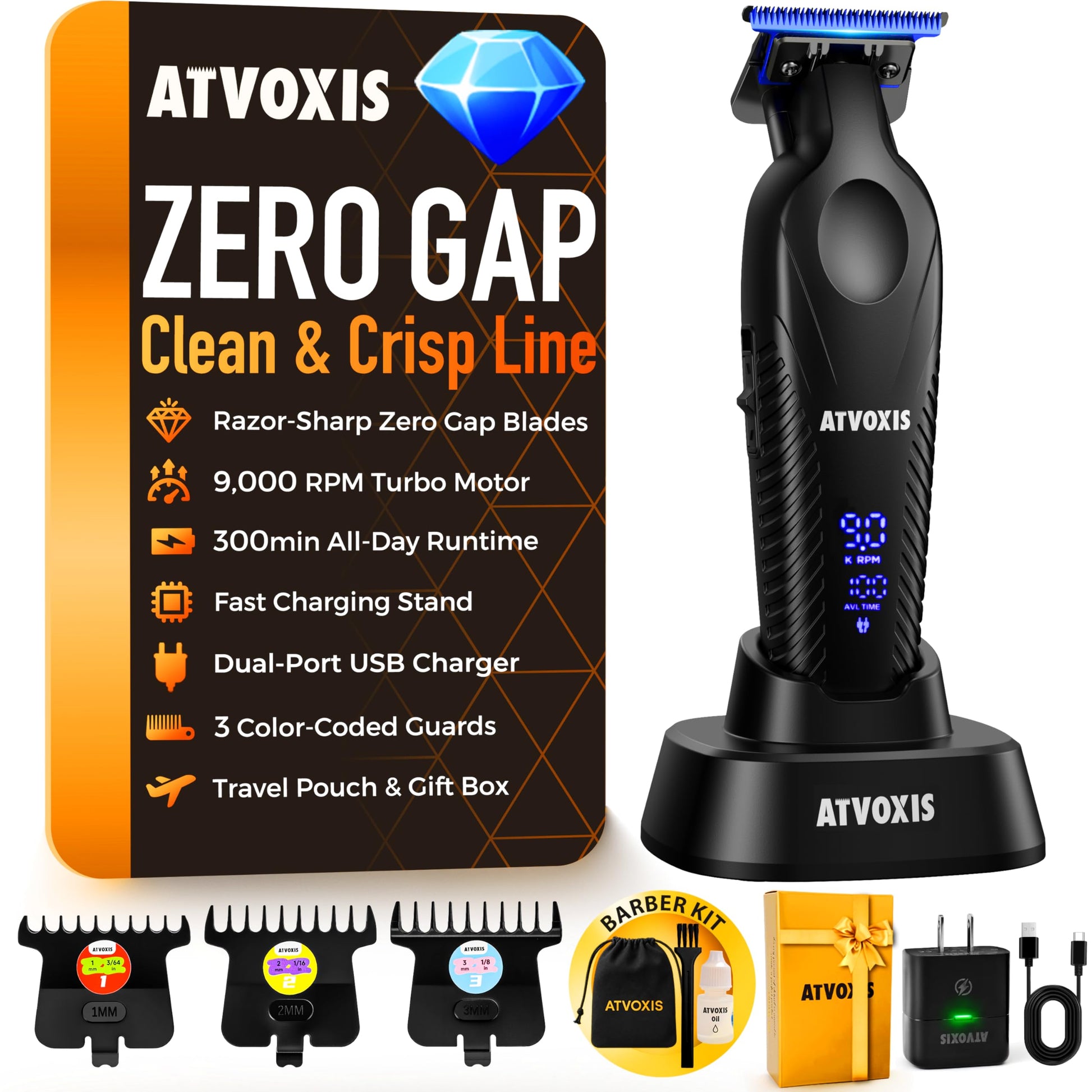 White Smoke ATVOXIS Zero Gap 9,000 RPM Brushless Professional T Blade Trimmer for Men: Cordless Hair/Beard Clipper Edger Liner Outliner with LED Display 300min Runtime Fast Charging Stand Travel Pouch