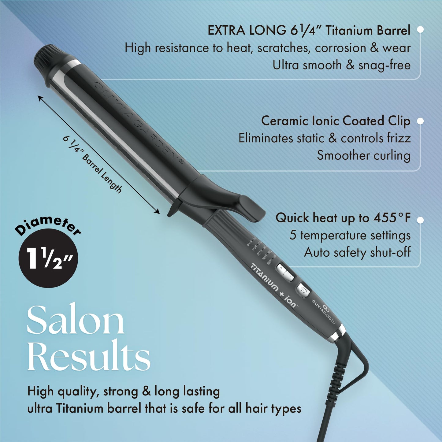 Light Steel Blue Olivia Garden Titanium + Ion High Performance Professional Curling Iron - Dual Voltage, Snag-Free Styling - Fast Heat Up to 455°F with Heat Resistant Heat Mat/Pouch