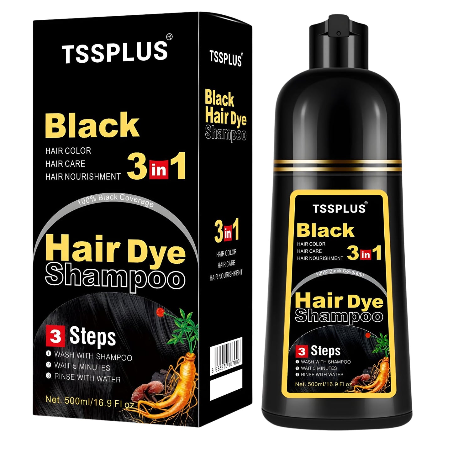 Black TSSPLUS Black Hair Dye Shampoo, 500ml - Organic Natural Hair Color Dye Shampoo for Women & Men, Instant Gray White Hair Cover, Plant Essence, Semi-Permanent