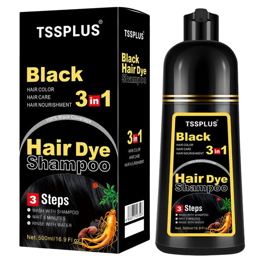 Black TSSPLUS Black Hair Dye Shampoo, 500ml - Organic Natural Hair Color Dye Shampoo for Women & Men, Instant Gray White Hair Cover, Plant Essence, Semi-Permanent