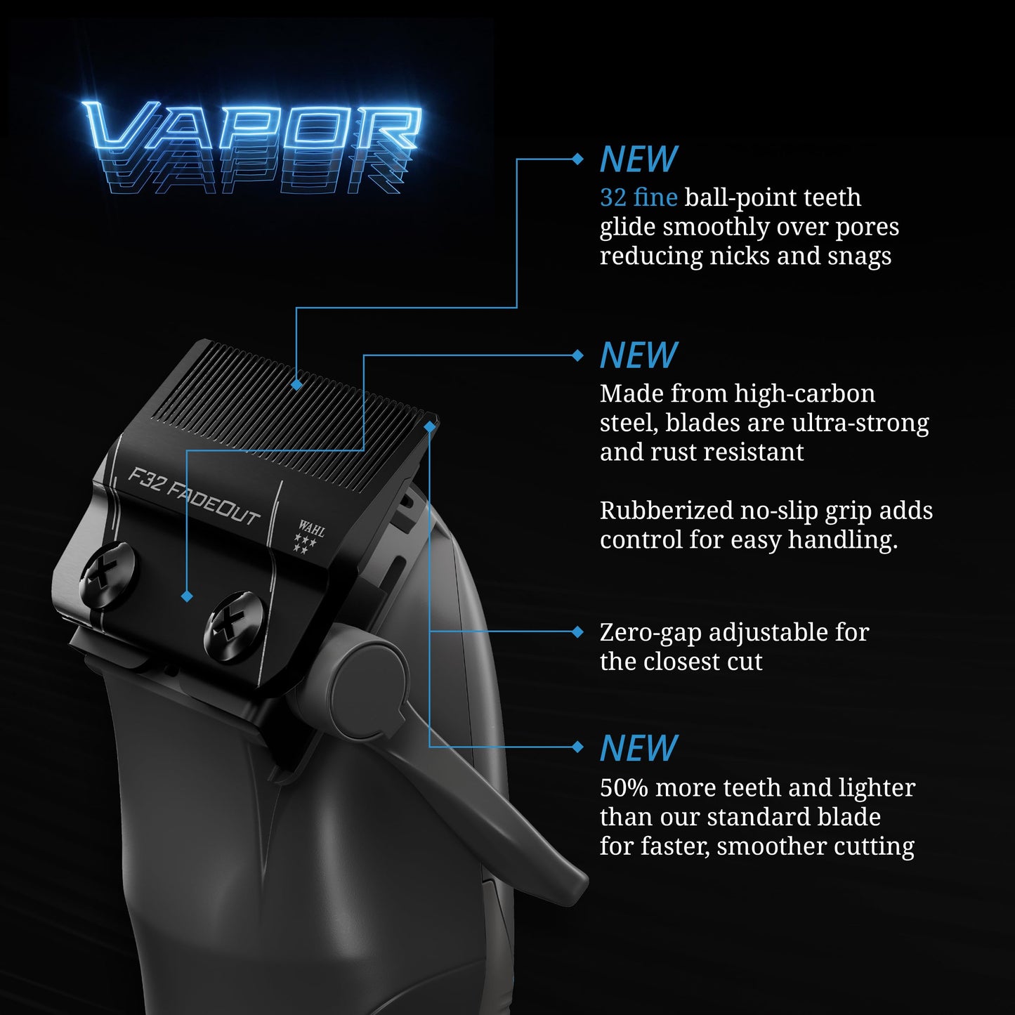 Black Wahl Professional 5-Star Vapor Clipper with F32 Fadeout Adjustable Balding Blade, Adaptable Speed Control, Cord/Cordless