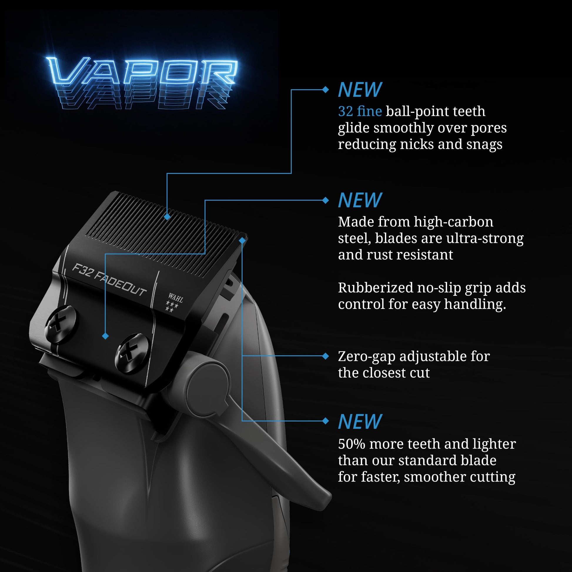 Black Wahl Professional 5-Star Vapor Clipper with F32 Fadeout Adjustable Balding Blade, Adaptable Speed Control, Cord/Cordless