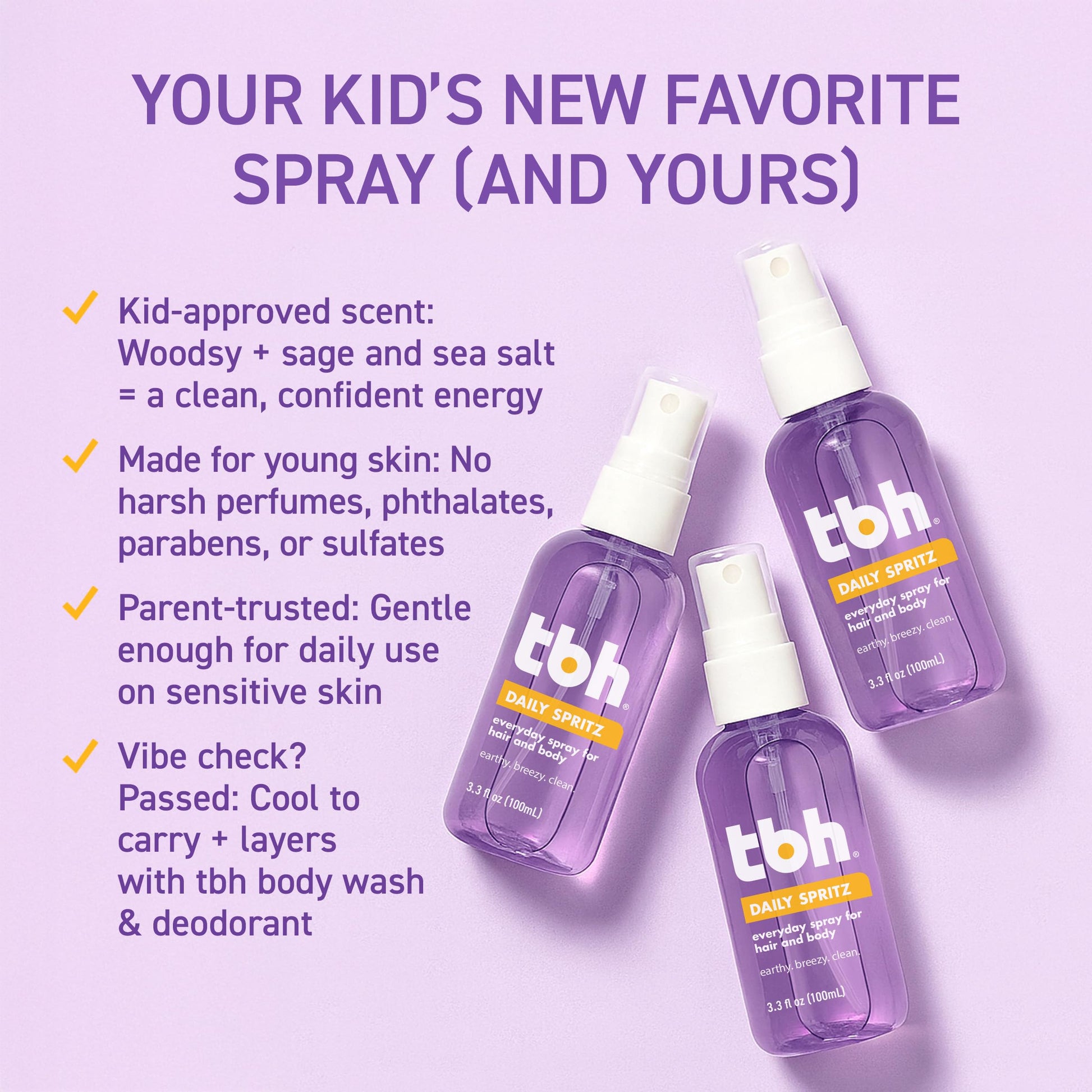 Lavender TBH Kids & Teen Hair and Body Care Set – Shampoo, Conditioner & Body Wash with Natural Ingredients – Sulfate & Paraben Free – Gentle for All Hair & Skin Types – 3 Pk, 12 oz Each – Plus Free Body Mist