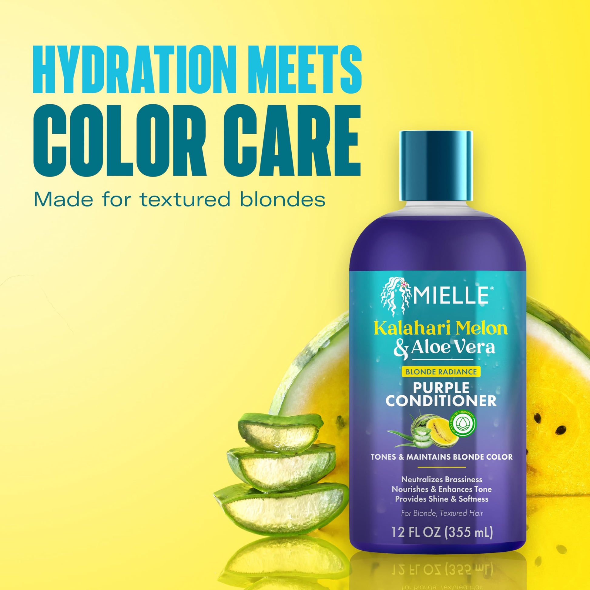 Khaki Mielle Kalahari Melon & Aloe Vera Purple Conditioner, Blonde Radiance Toning Conditioner for Brassy Hair, Moisturizing & Color-Safe for Blonde & Textured Hair, Sulfate-Free, 12 Ounce
