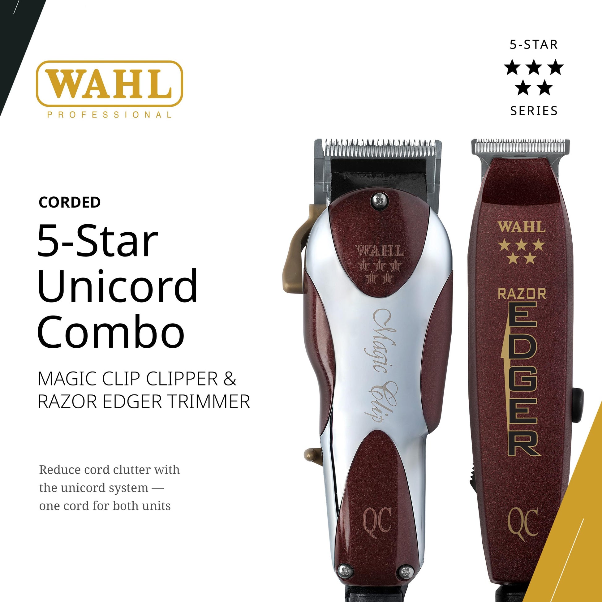 White Smoke Wahl Professional Unicord Combo, Corded Magic Clip Clipper & Razor Edger Trimmer Set, Single-Cord Design, Includes Guides & Accessories
