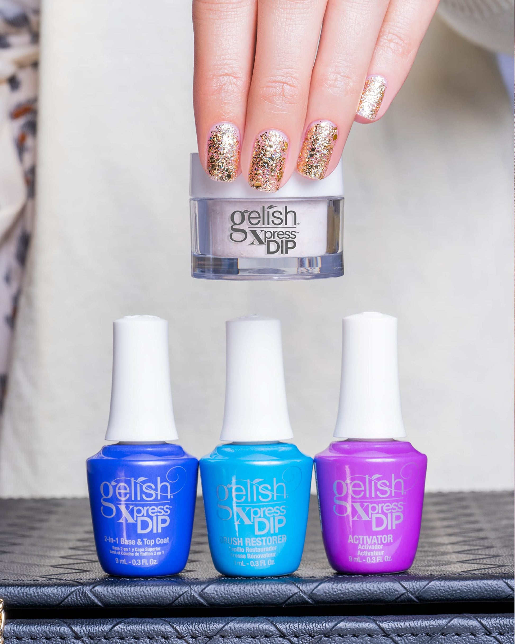 Light Gray Gelish Xpress Dip Powder, All That Glitters Is Gold Long-Lasting Nails. Featuring ColorFusion Technology, Odor-Free, Vitamin-Infused Formula, and Up to 21 Days of Chip-Free Wear, 1.5 ounce