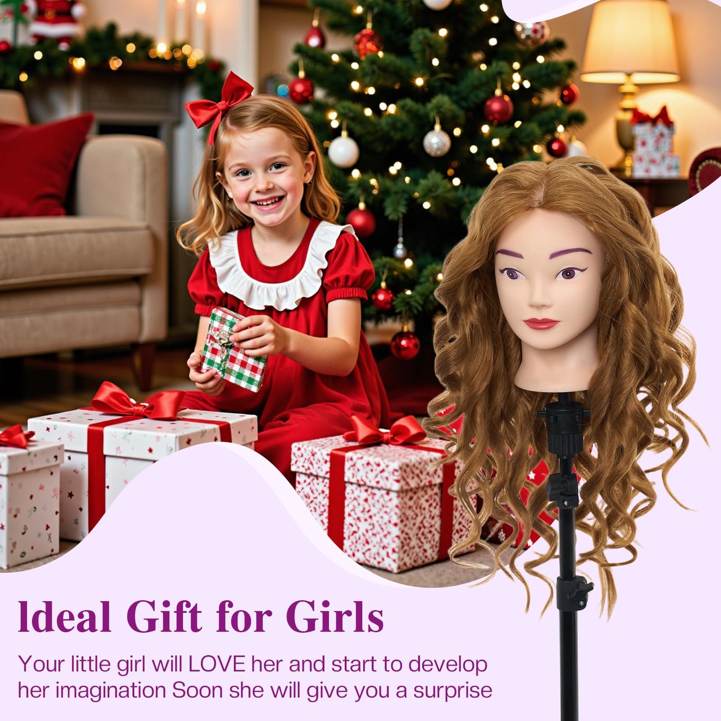 Lavender Blush 28" Mannequin Head with 80% Human Hair - Cosmetology Manikin Doll Head for Hair Styling, Training Practice Braiding Head with Table Clamp,DIY Hair Styling Set Suitable for Hair Extensions #27