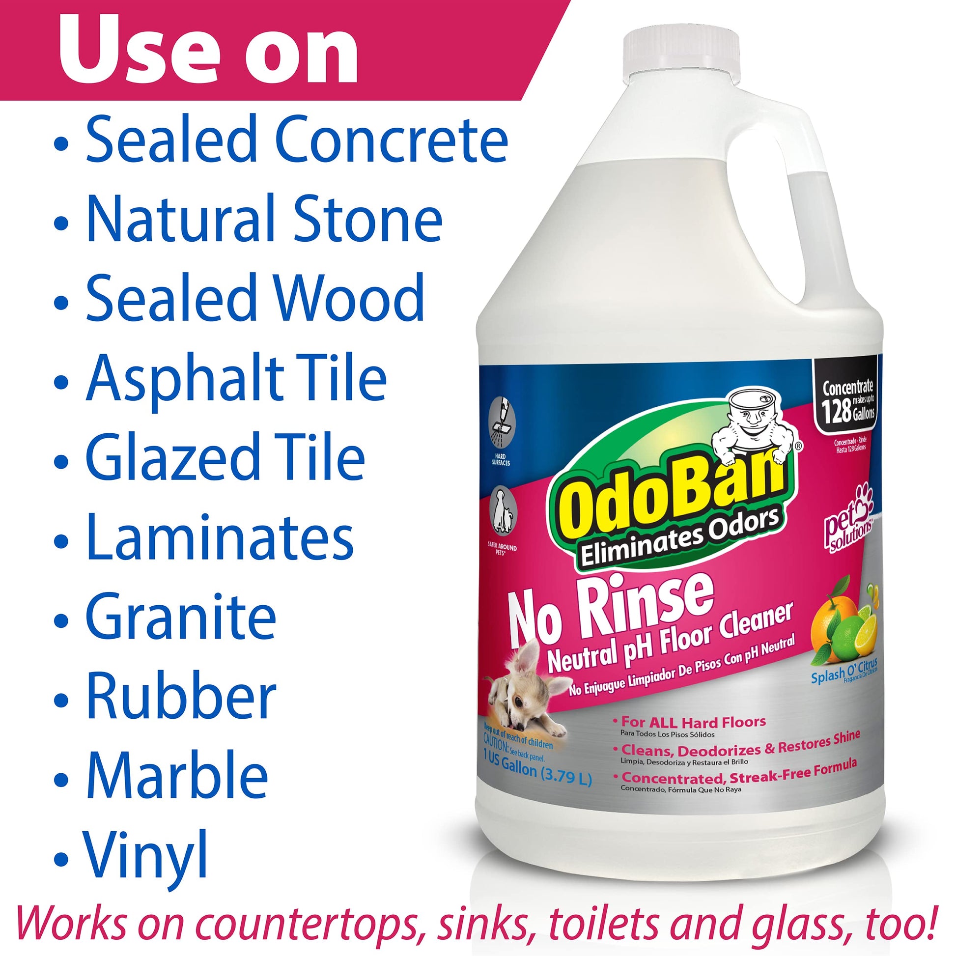 White Smoke OdoBan Pet Solutions No Rinse Neutral pH Floor Cleaner Concentrate, Made in the USA, Splash O' Citrus Scent, 2 Gallons