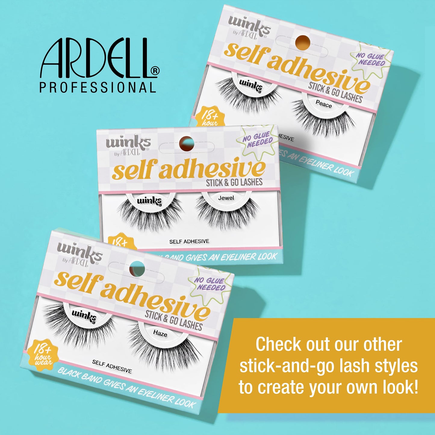 Sky Blue Ardell Winks Self Adhesive Eyelashes – Peace Style, Press on Lashes No Glue Needed, Stick On Lashes with Black Band Eyeliner Effect for Eyelashes Natural Look, 1 Pair