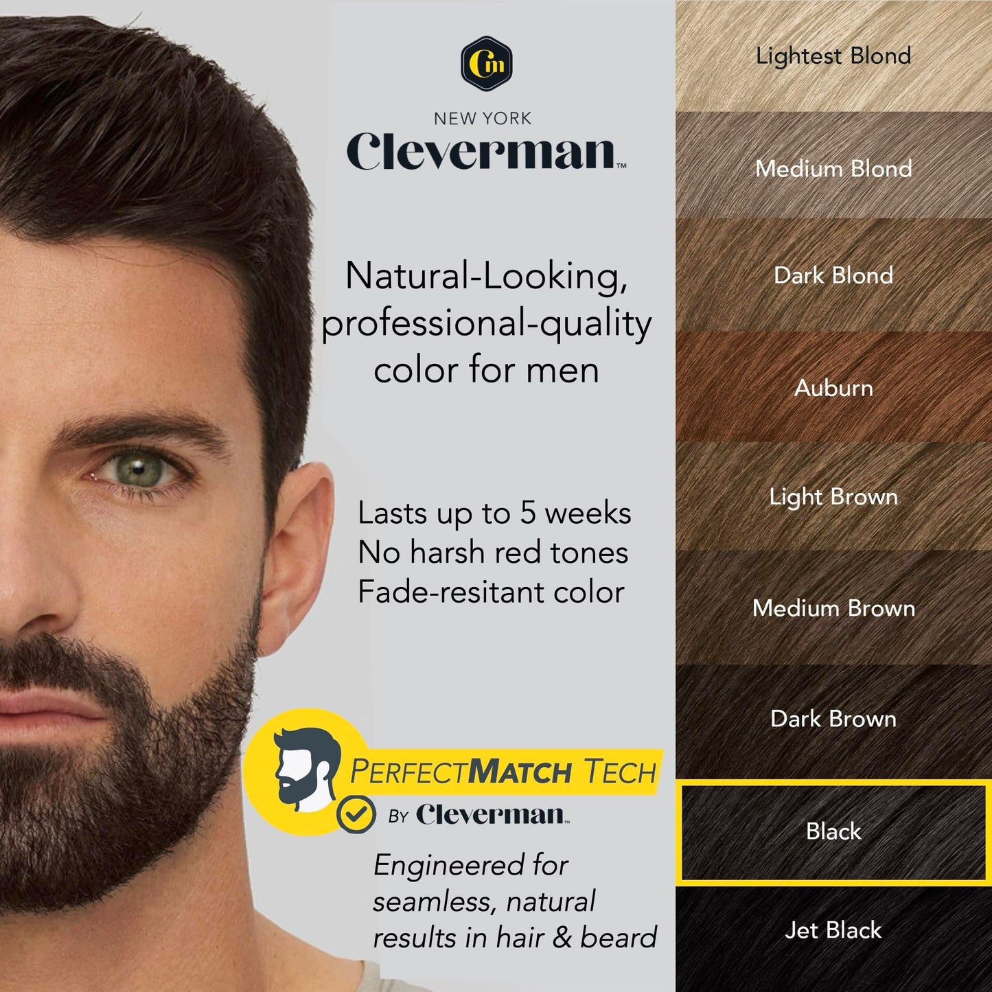 Light Gray Reusable Hair & Beard Dye for Men – Black 1.0 | Up to 5 Uses, 7 Minutes | Natural Gray Coverage, No-Drip Cream with SkinArmour – Cleverman