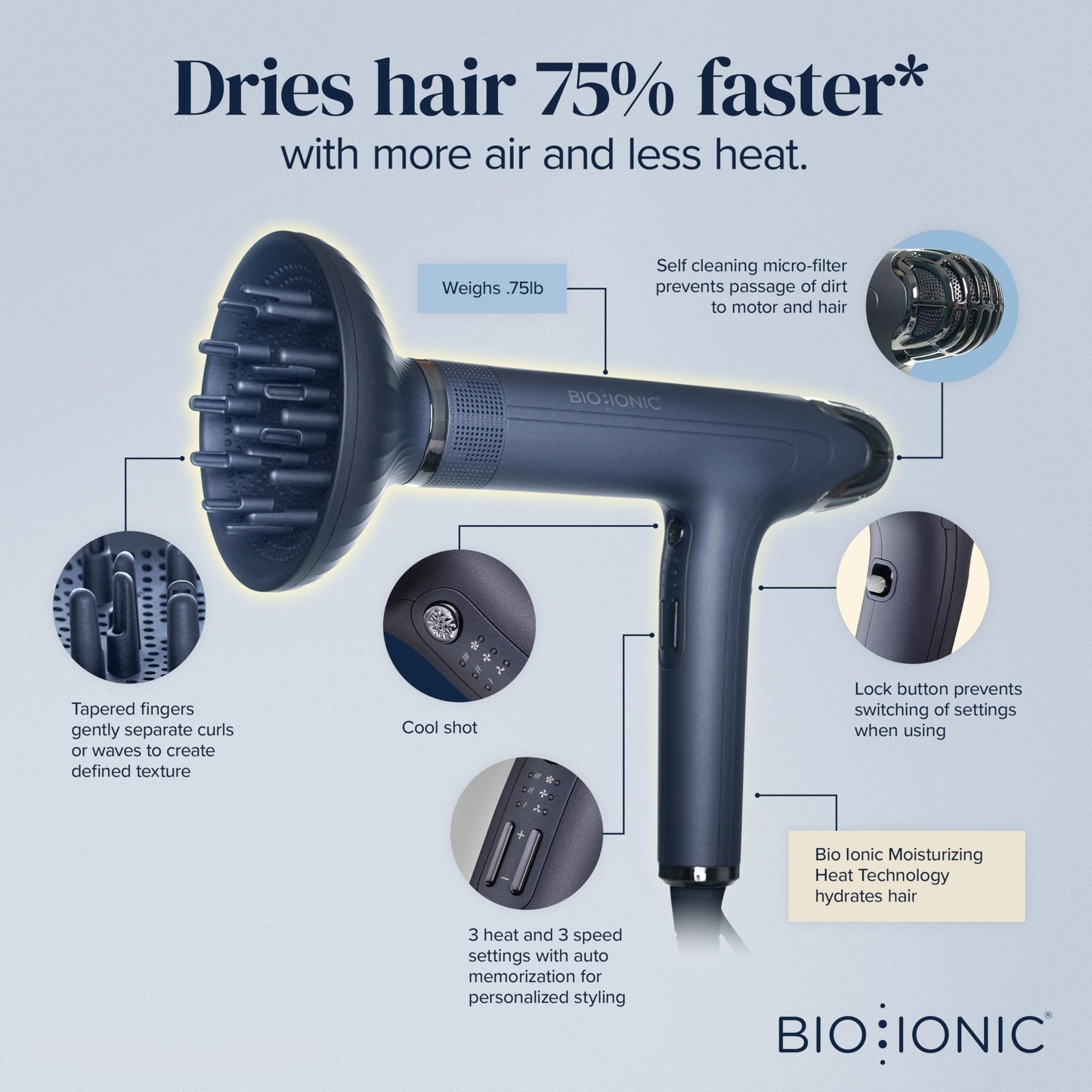 Light Gray Bio Ionic SMART-X Hair Dryer with Diffuser, High-Efficiency Blow Dryer with 3 Heat & 3 Speed Settings, Gently Dries, Defines & Reduces Frizz, Self-Cleaning Function, Alpine White