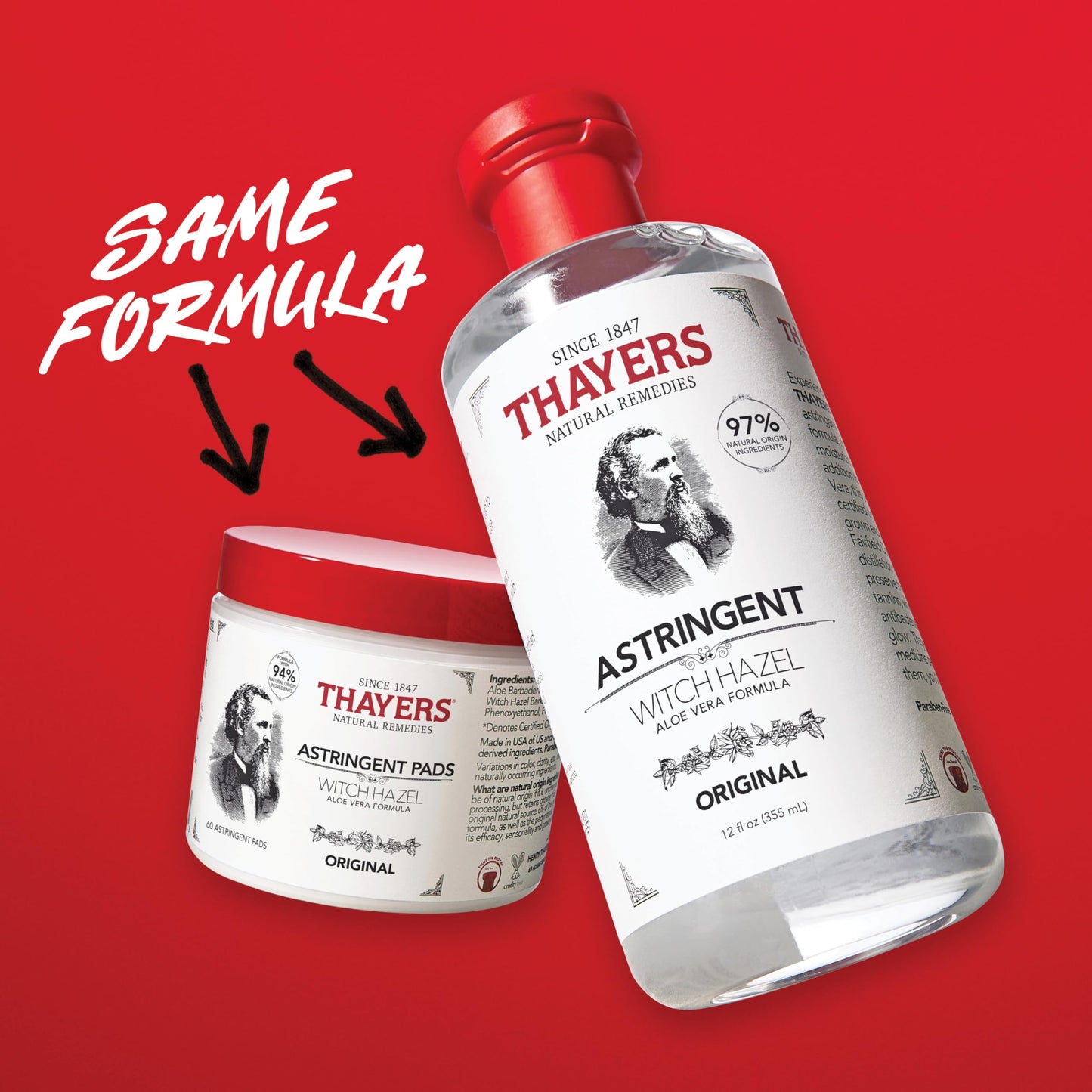 Firebrick THAYERS Original Witch Hazel Astringent Pads with Aloe Vera Formula, 60 Count