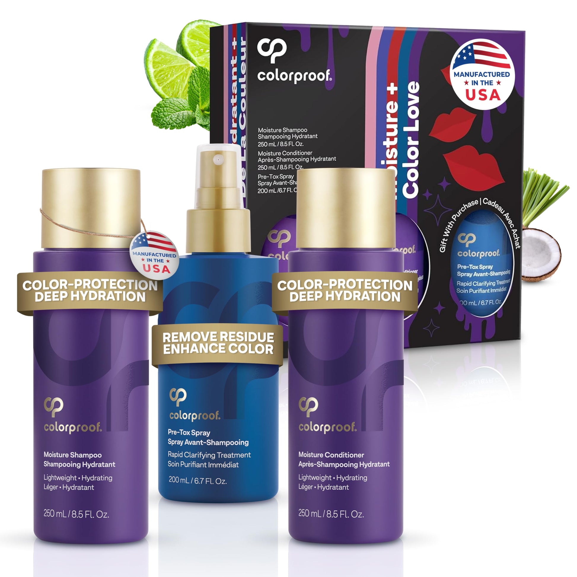 White Smoke Colorproof Moisture Haircare Gift Set Bundle - Shampoo (8.5Fl Oz.), Conditioner (8.5FL. Oz.) & Pre-Tox Spray (6.7FL. Oz.) for Color-Treated Hair