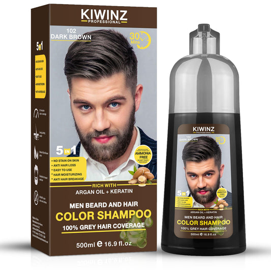 White Smoke Kiwinz Professional Dark Brown Hair Color Shampoo for Men – 5 in 1 Hair Dye Shampoo for Grey Hair - Instant Hair Dye with 100% Color Accuracy with Natural Ingredients - Ammonia Free - 500ml