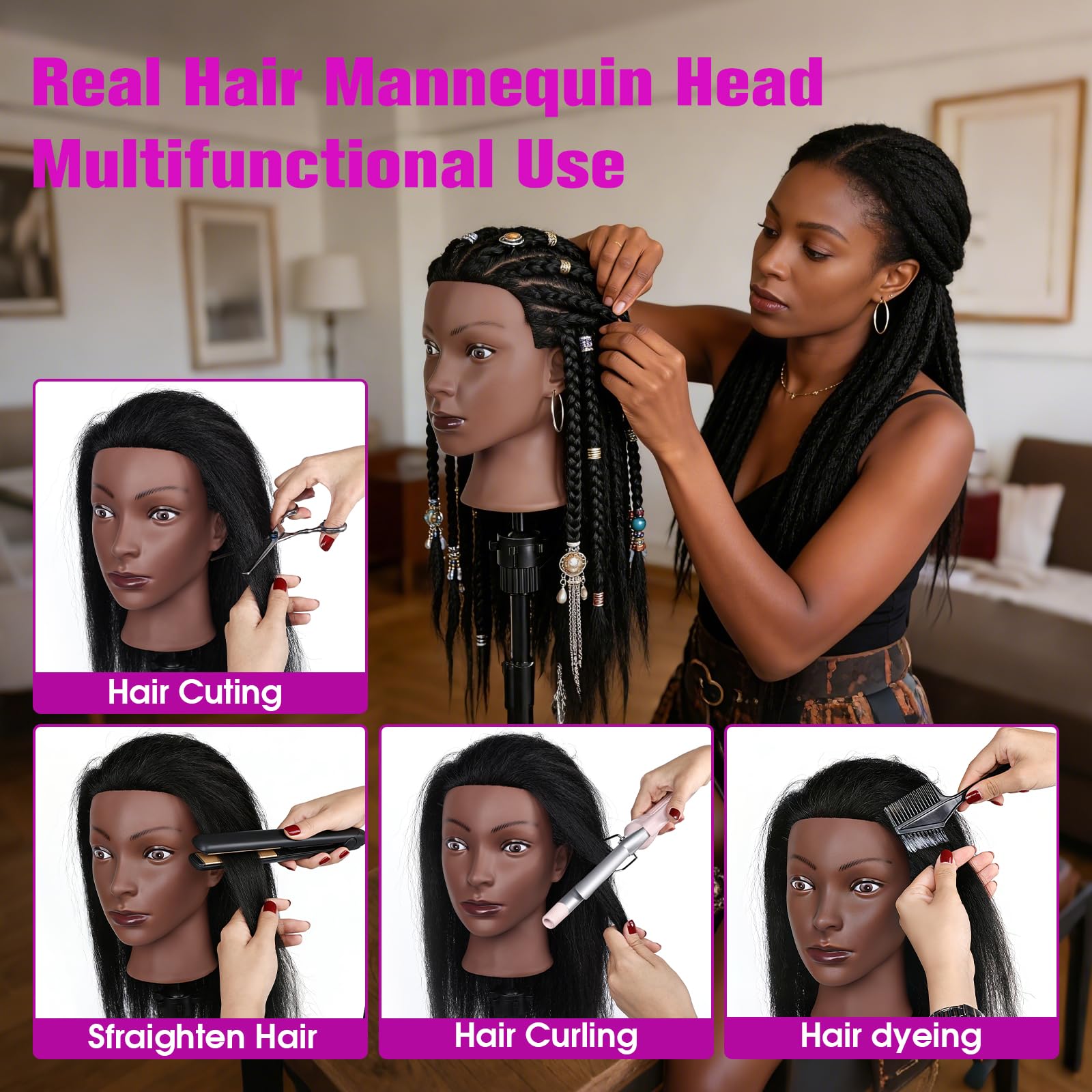 White Smoke 100% Real Hair Mannequin Head,22''Human Hair Mannequin Cosmetology Manikin Doll Head Hair Styling Hairdressing Practice Training Head with Clamp Holder and Tools（Black）