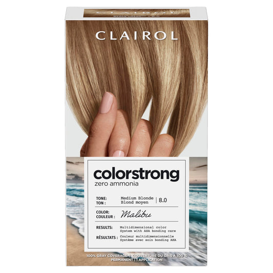 Lavender Clairol ColorStrong Permanent Hair Dye, Ammonia‑Free, PPD‑Free, 100% Gray Coverage with Bonding System, 8.0 Medium Blonde - Malibu Hair Color, Pack of 1
